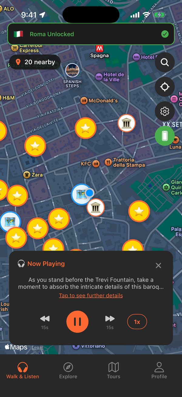 Urban Tales en Roma: mapa de lugares cercanos con una historia sonando