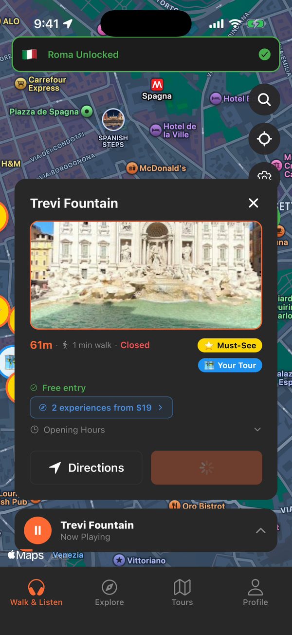 Urban Tales en Roma: la ficha de la Fontana di Trevi con Escuchar y Cómo llegar