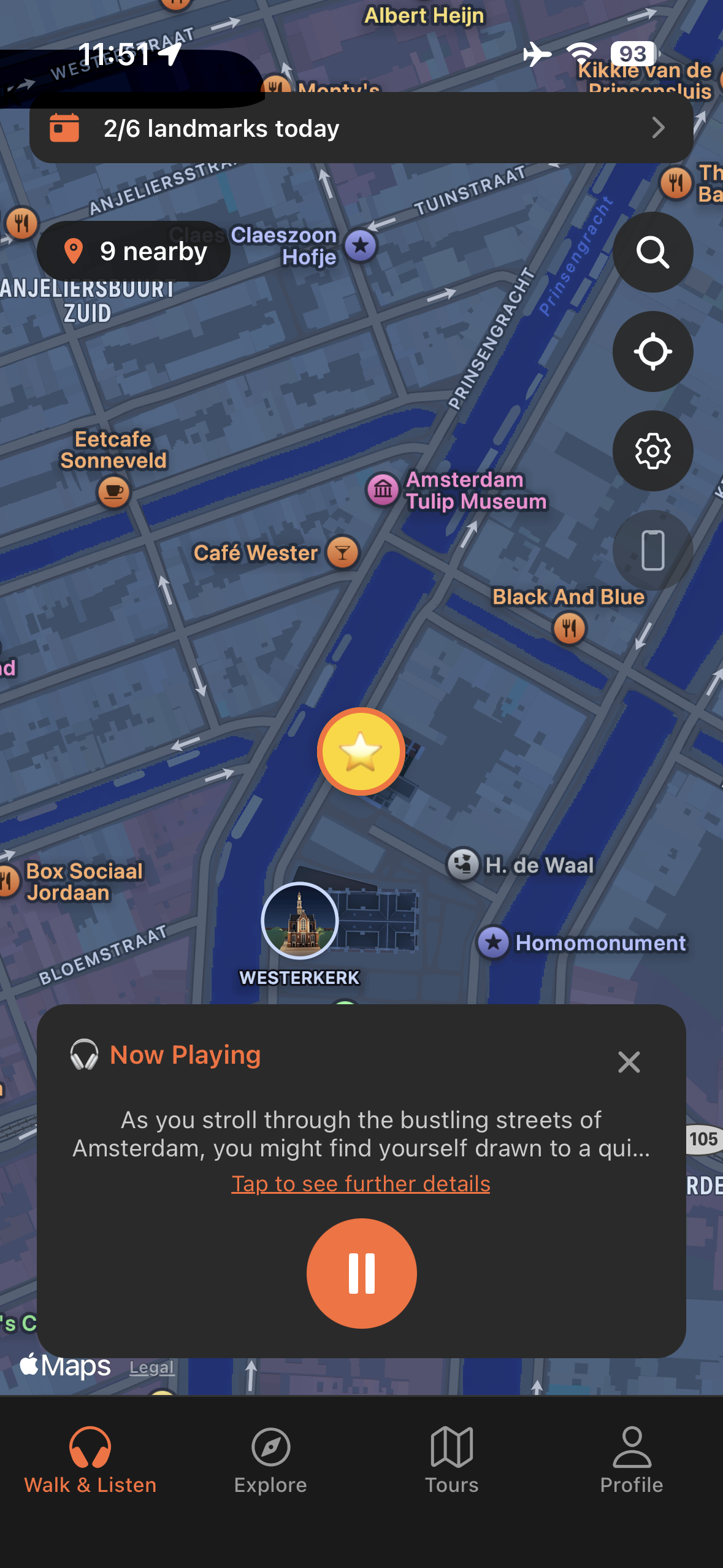 Urban Tales GPS map near the Anne Frank House in Amsterdam with audio story triggered