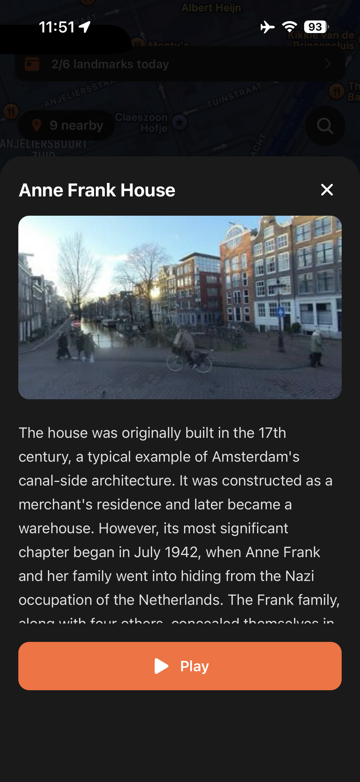 Urban Tales story panel for the Anne Frank House in Amsterdam with canal photo and narration