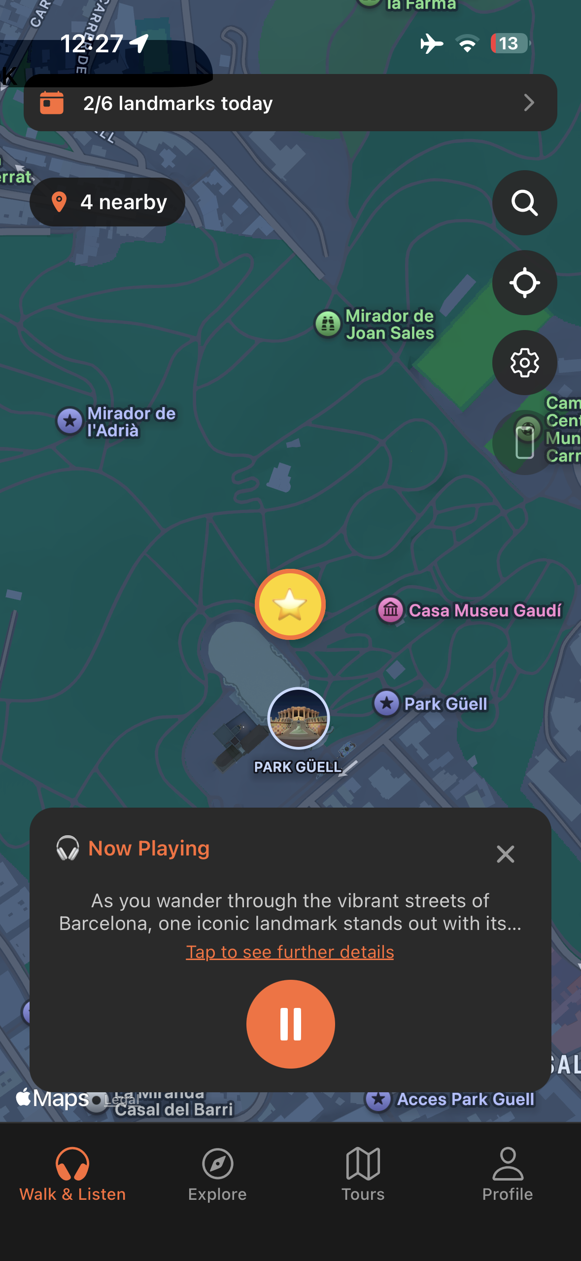 Urban Tales GPS map at Park Güell in Barcelona with story automatically triggered