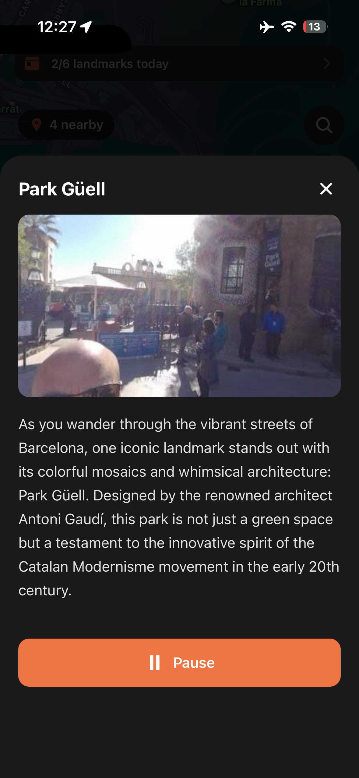 Urban Tales story panel for Park Güell in Barcelona with photo and narration text