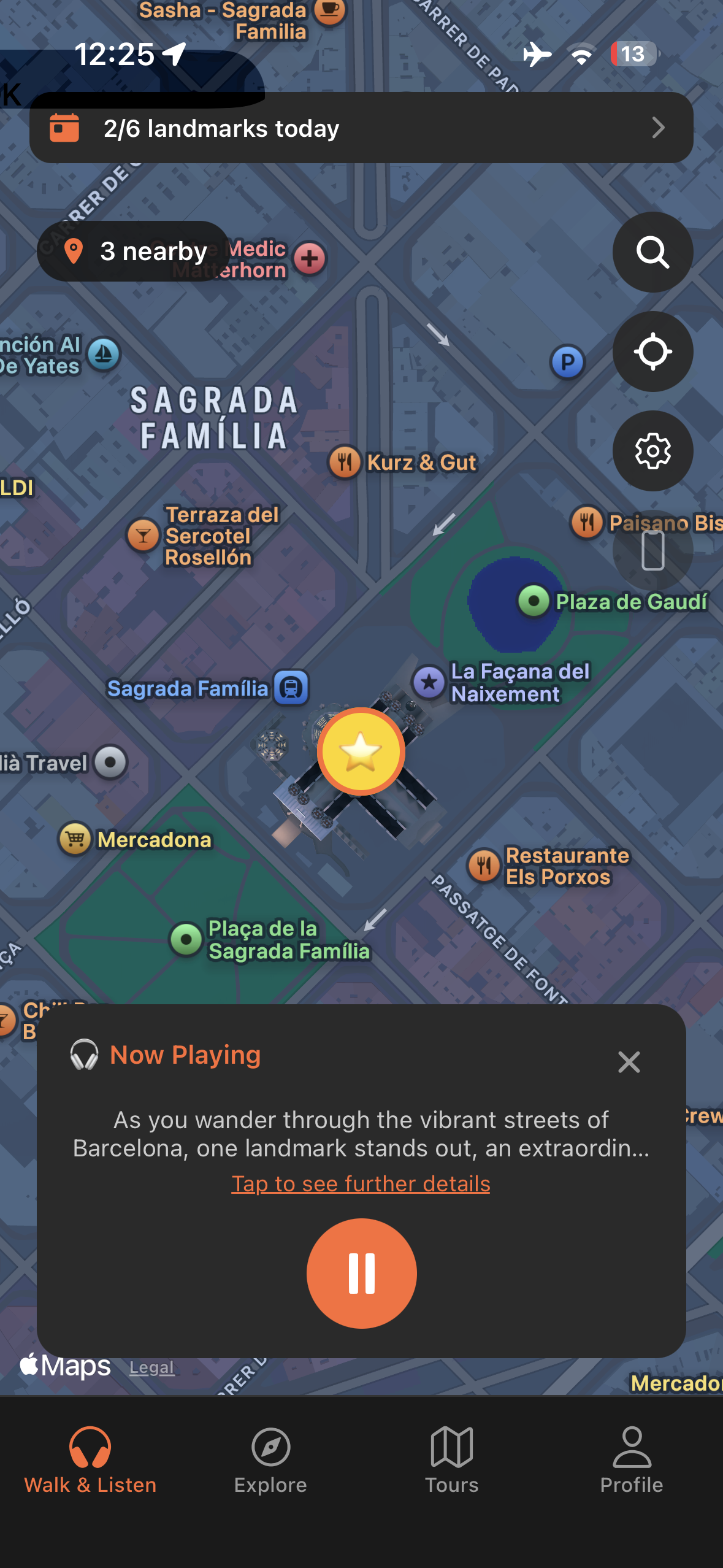 Urban Tales GPS map near the Sagrada Família in Barcelona with audio story automatically triggered