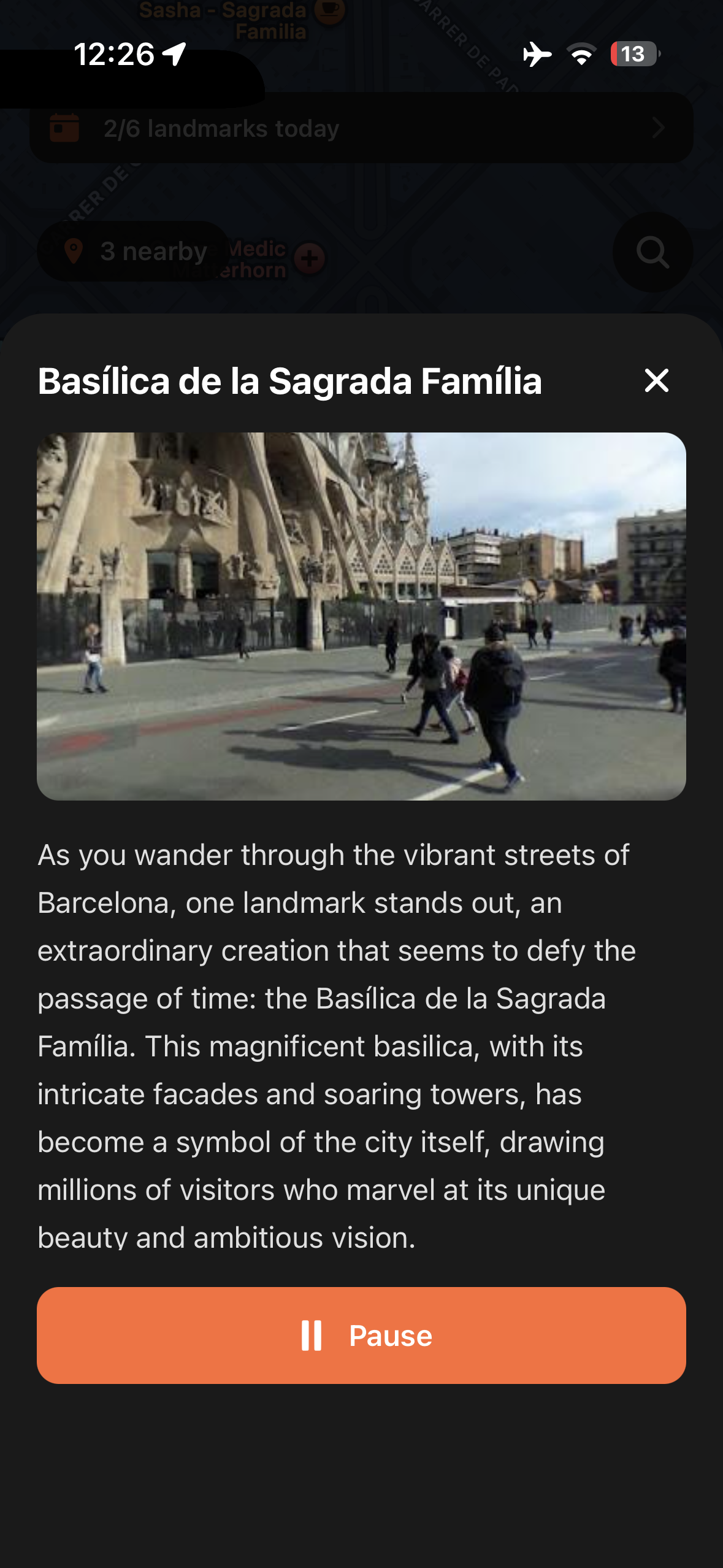 Urban Tales story panel for the Sagrada Família in Barcelona with narration text and photo