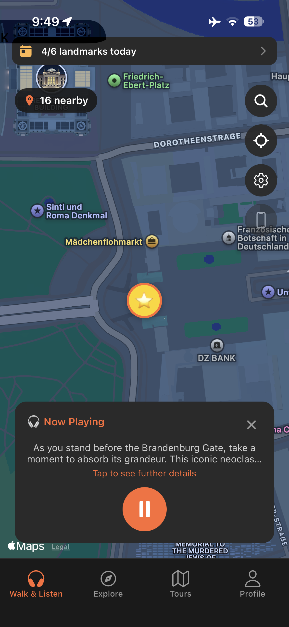 Urban Tales GPS map in Berlin with audio story automatically triggered