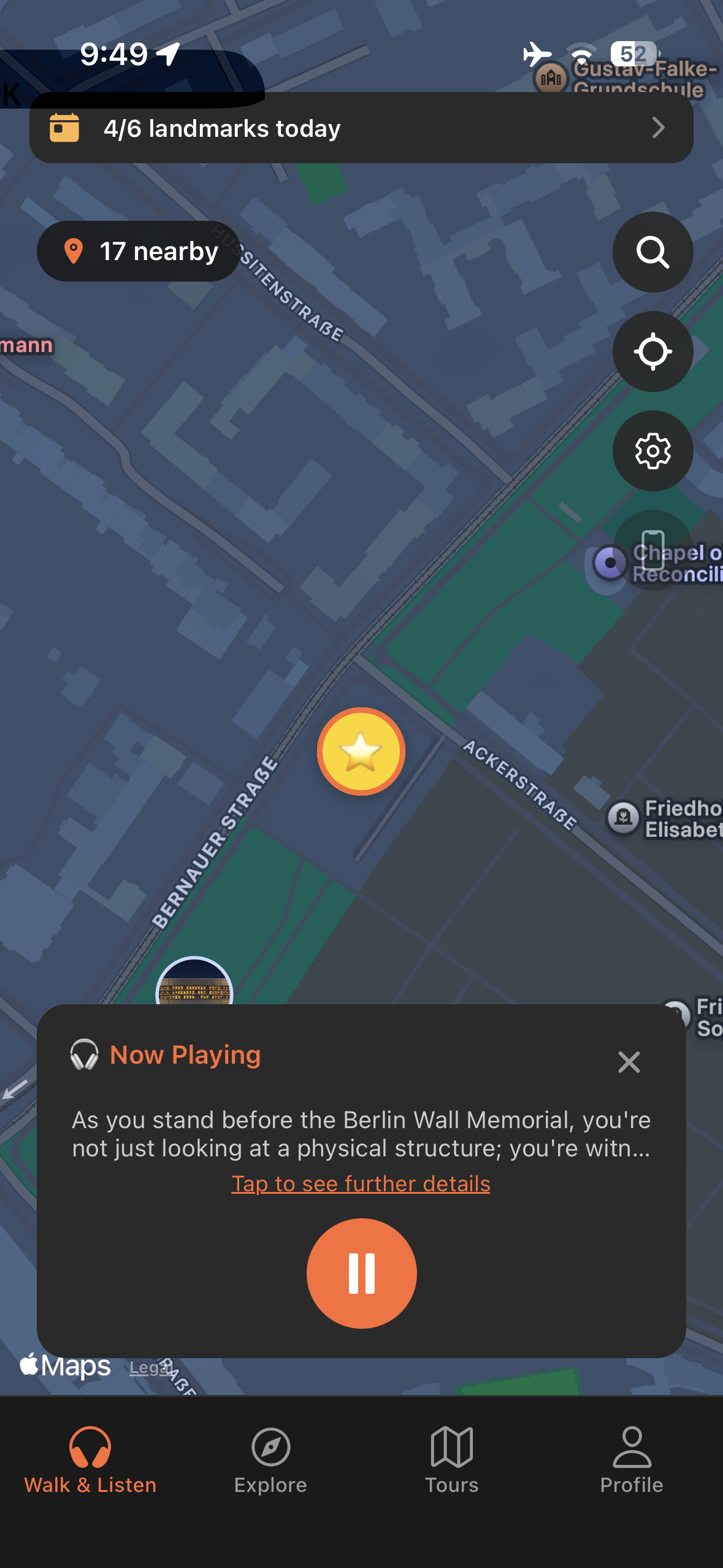 Urban Tales GPS map in Berlin with story automatically triggered