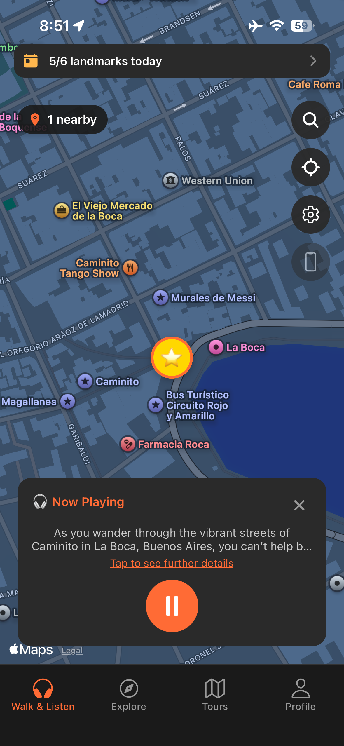Urban Tales GPS map at Caminito in La Boca Buenos Aires with audio story triggered