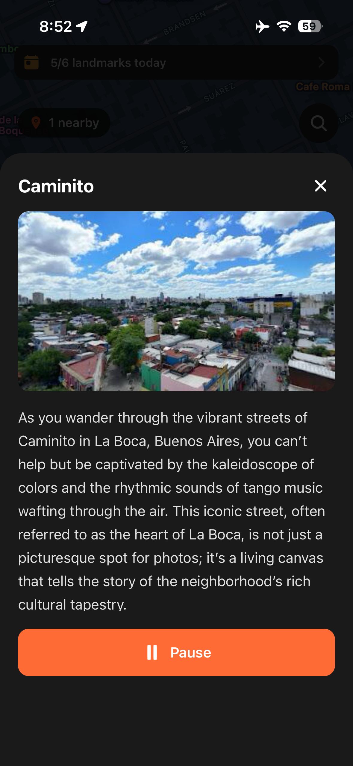 Urban Tales story panel for Caminito in Buenos Aires with aerial photo and narration