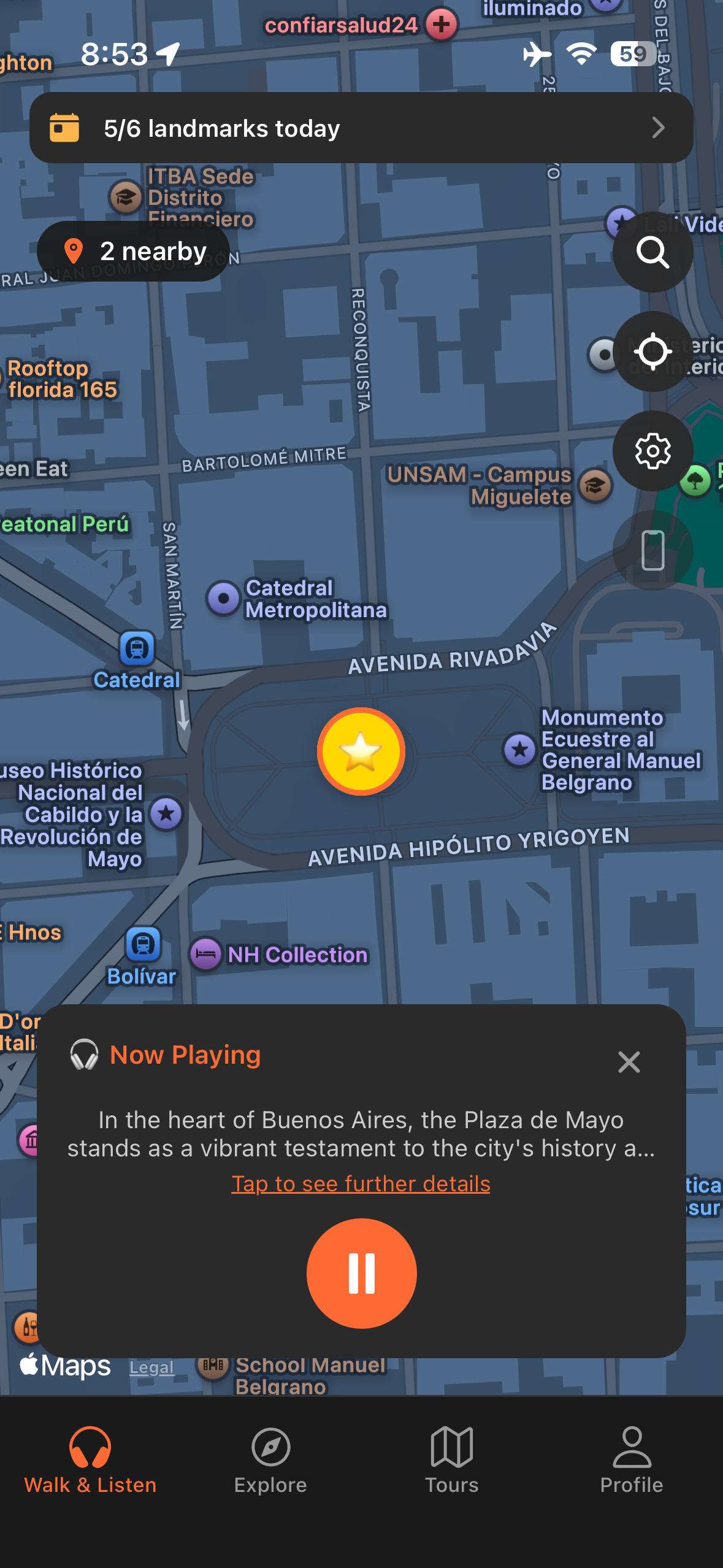 Urban Tales GPS map at Plaza de Mayo in Buenos Aires with story triggered