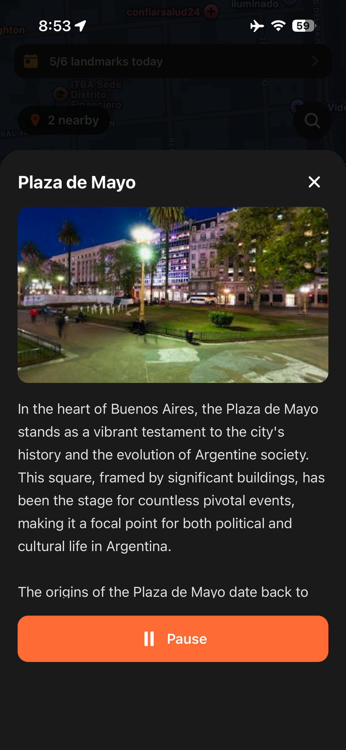 Urban Tales story panel for Plaza de Mayo in Buenos Aires with night photo and narration