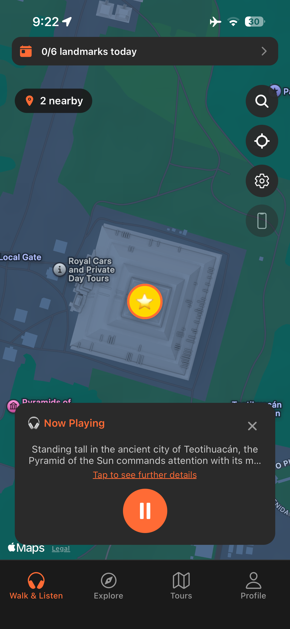 Urban Tales GPS map near the Pyramid of the Sun at Teotihuacán with story automatically triggered