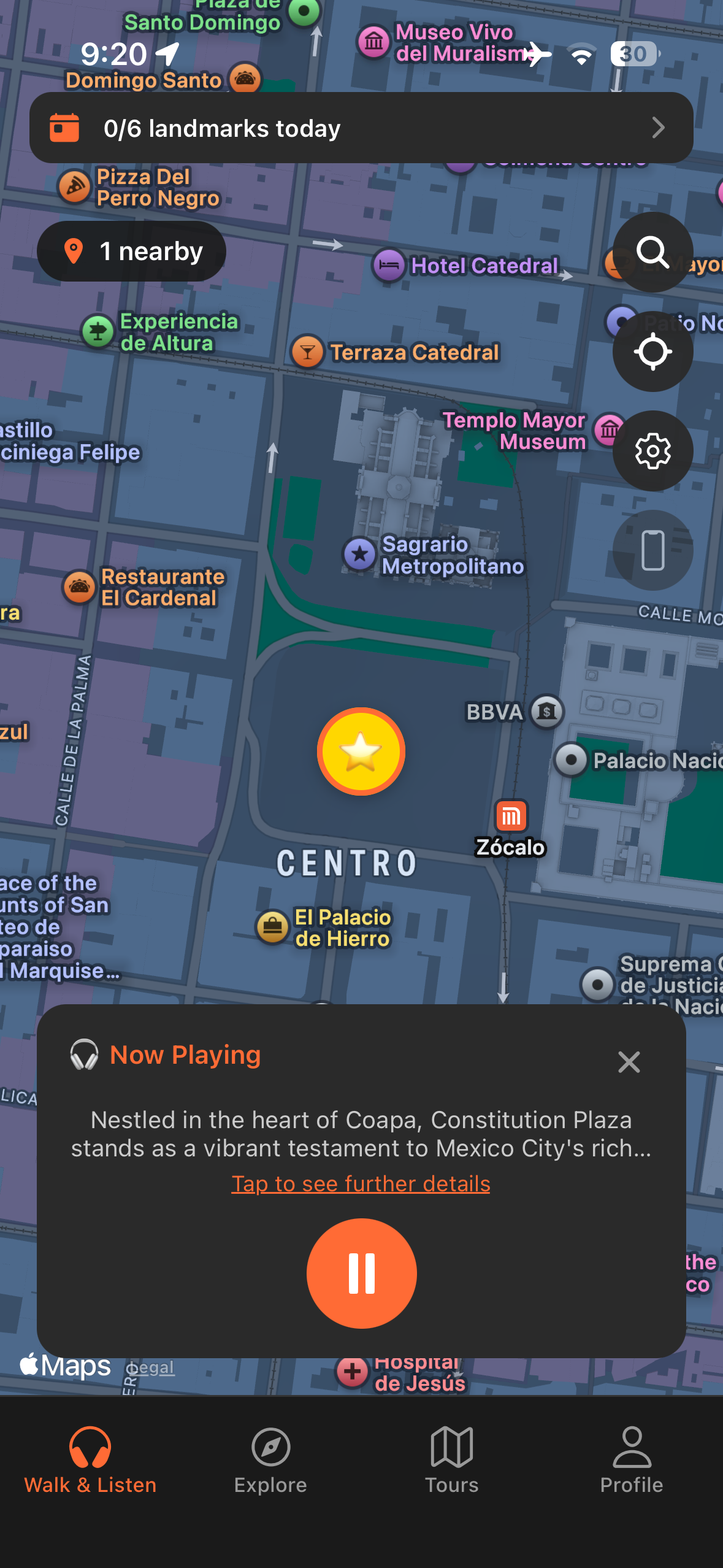 Urban Tales GPS map showing nearby landmarks and audio playing automatically