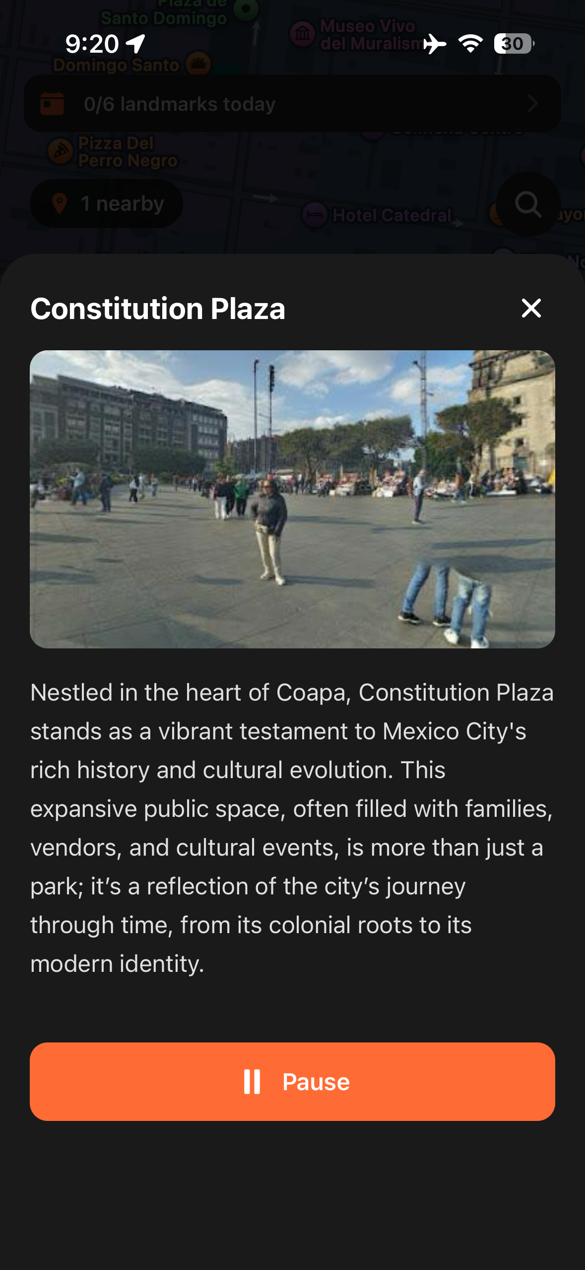 Urban Tales story panel for Constitution Plaza in Mexico City showing narration text and landmark photo