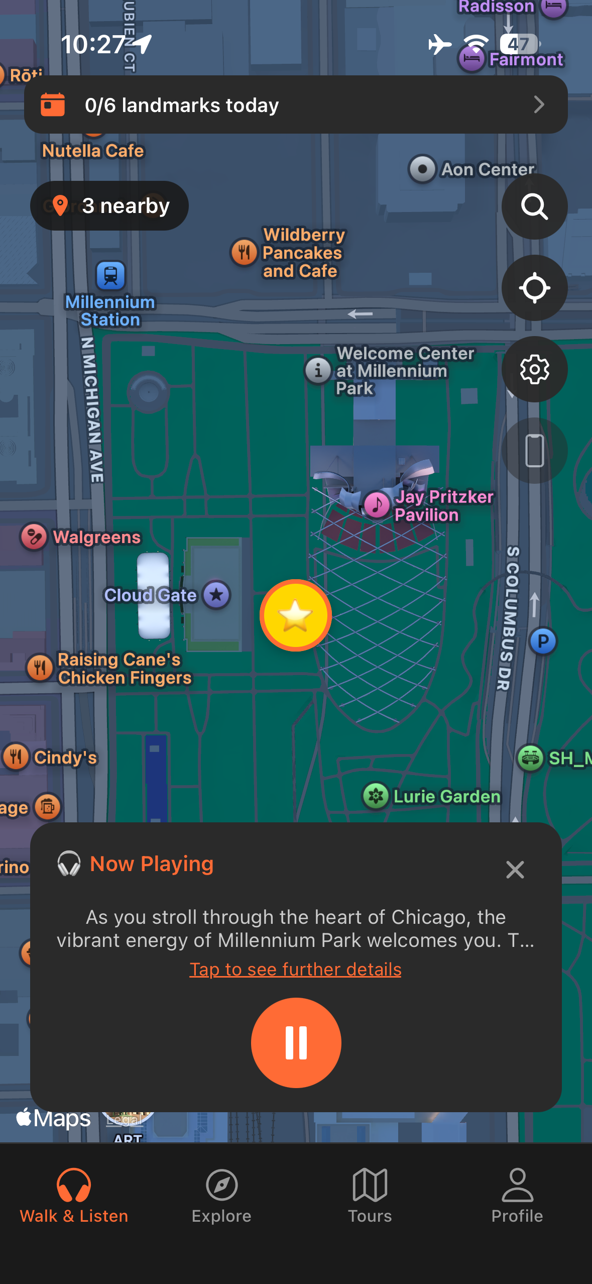 Urban Tales GPS map in Chicago with audio story automatically triggered