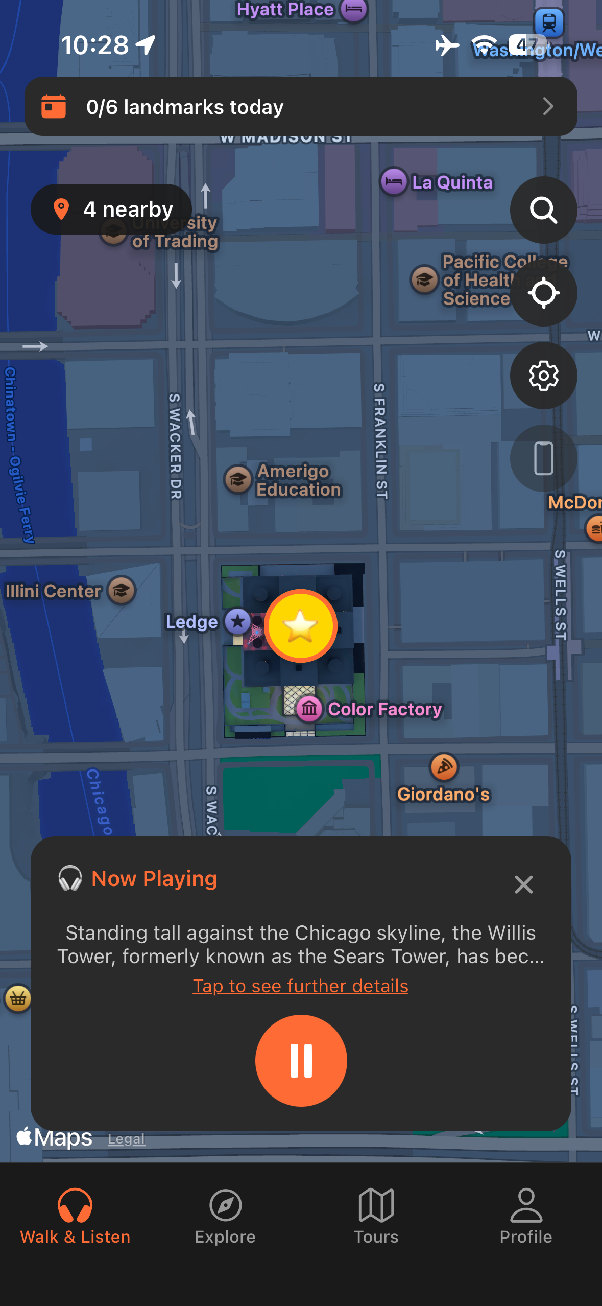 Urban Tales GPS map in Chicago with story automatically triggered