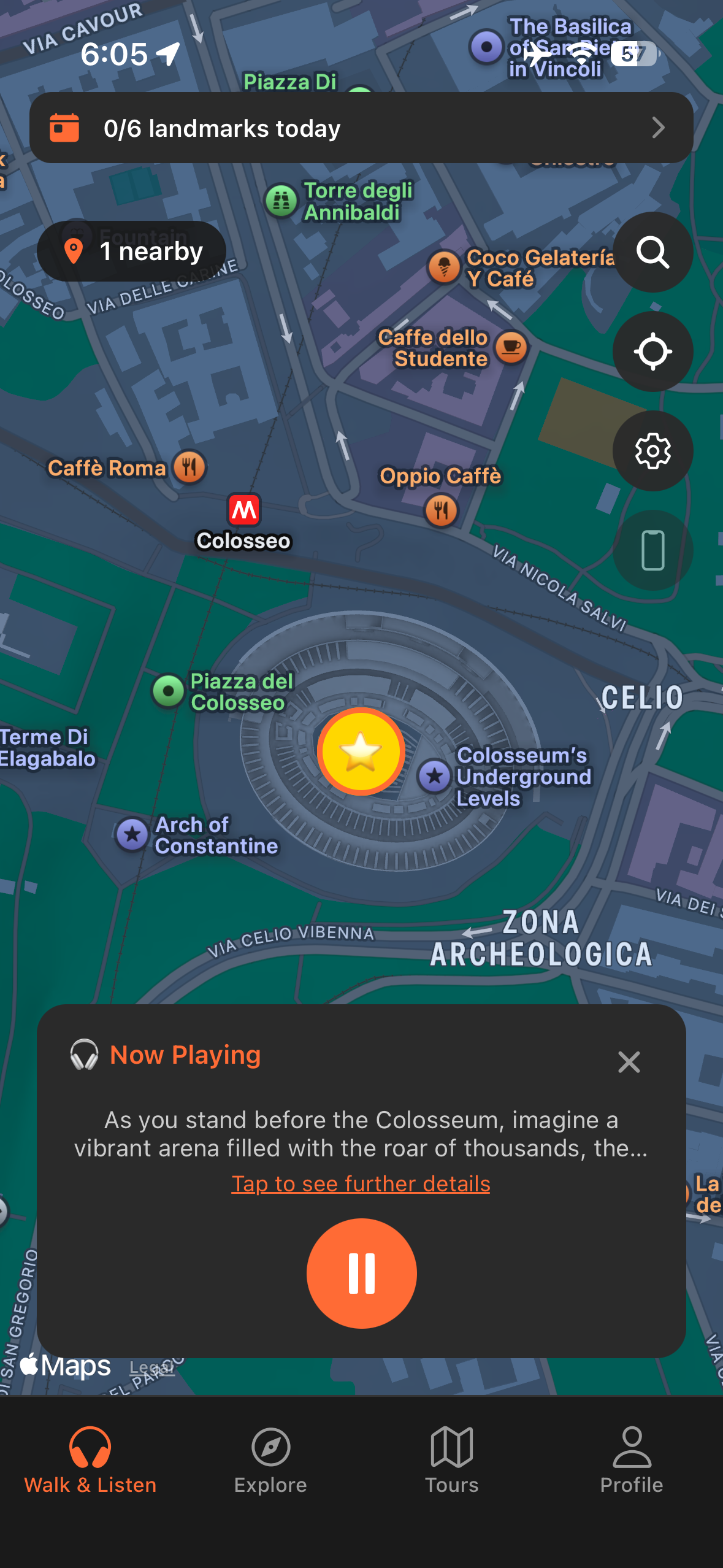 Urban Tales app showing the GPS map near the Colosseum in Rome with audio automatically triggered