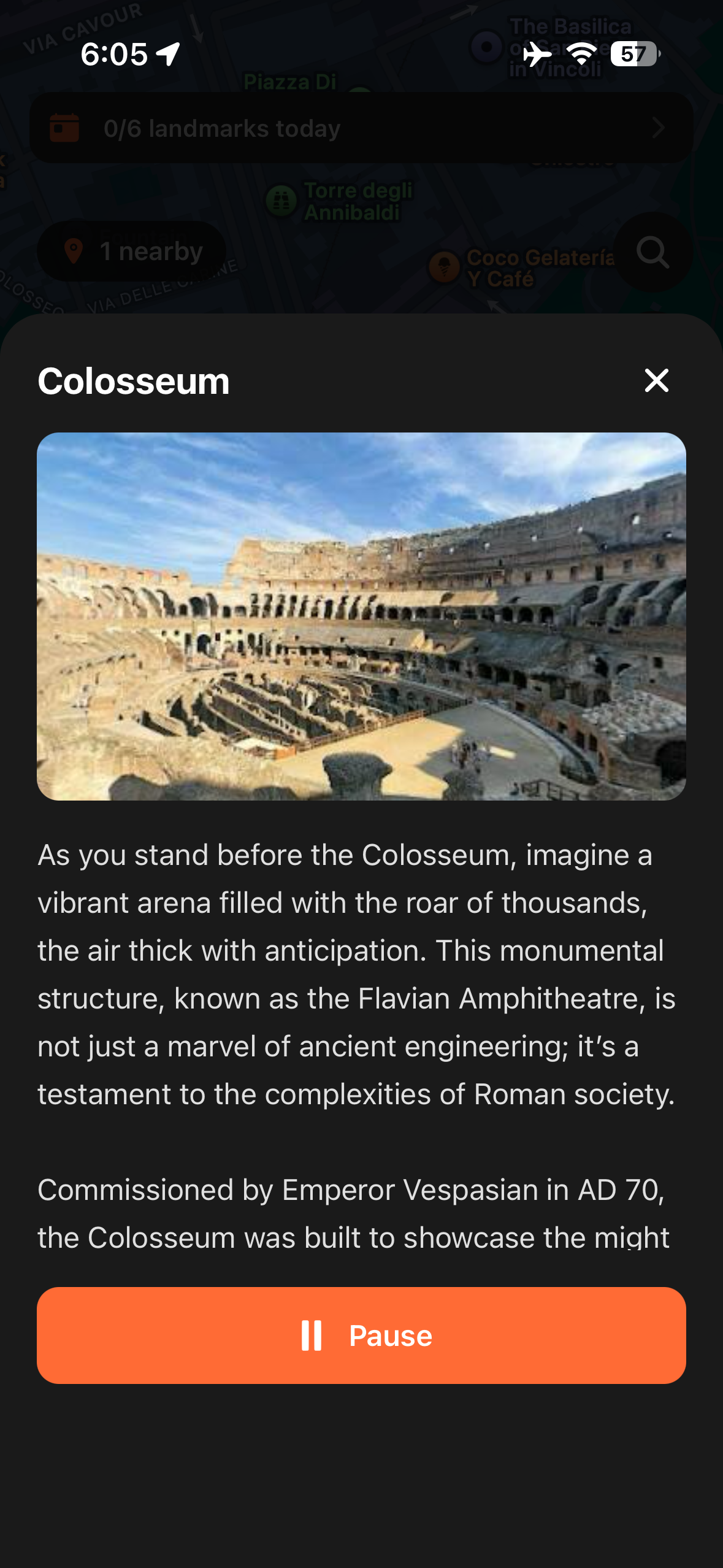 Urban Tales story panel showing narration and landmark photo for the Colosseum