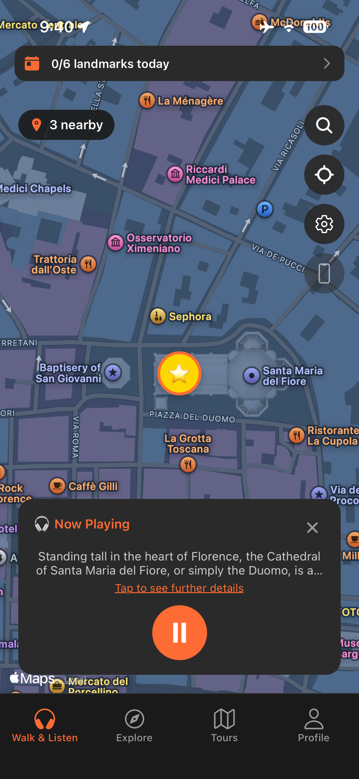 Urban Tales GPS map at the Duomo in Florence with audio story automatically triggered