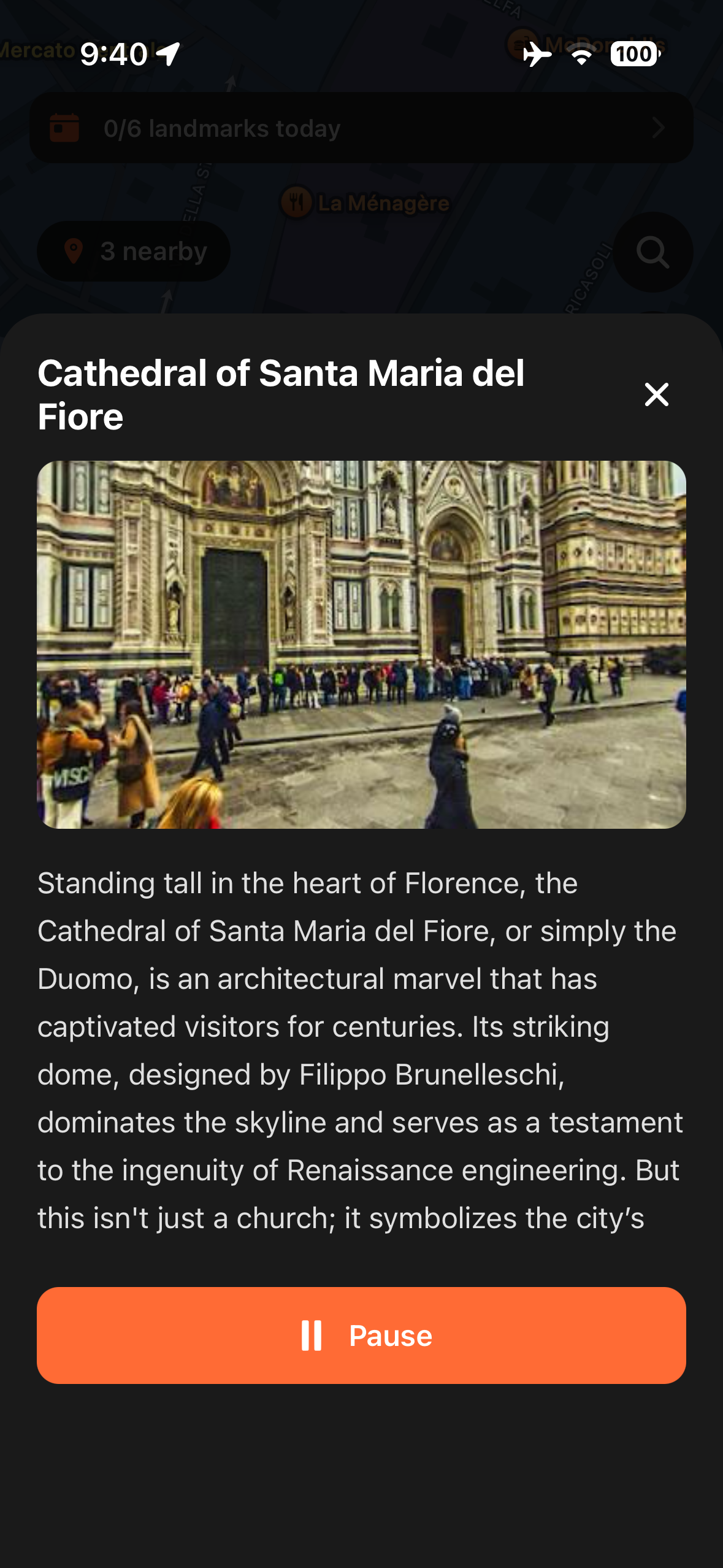Urban Tales story panel for the Duomo in Florence with narration text and facade photo