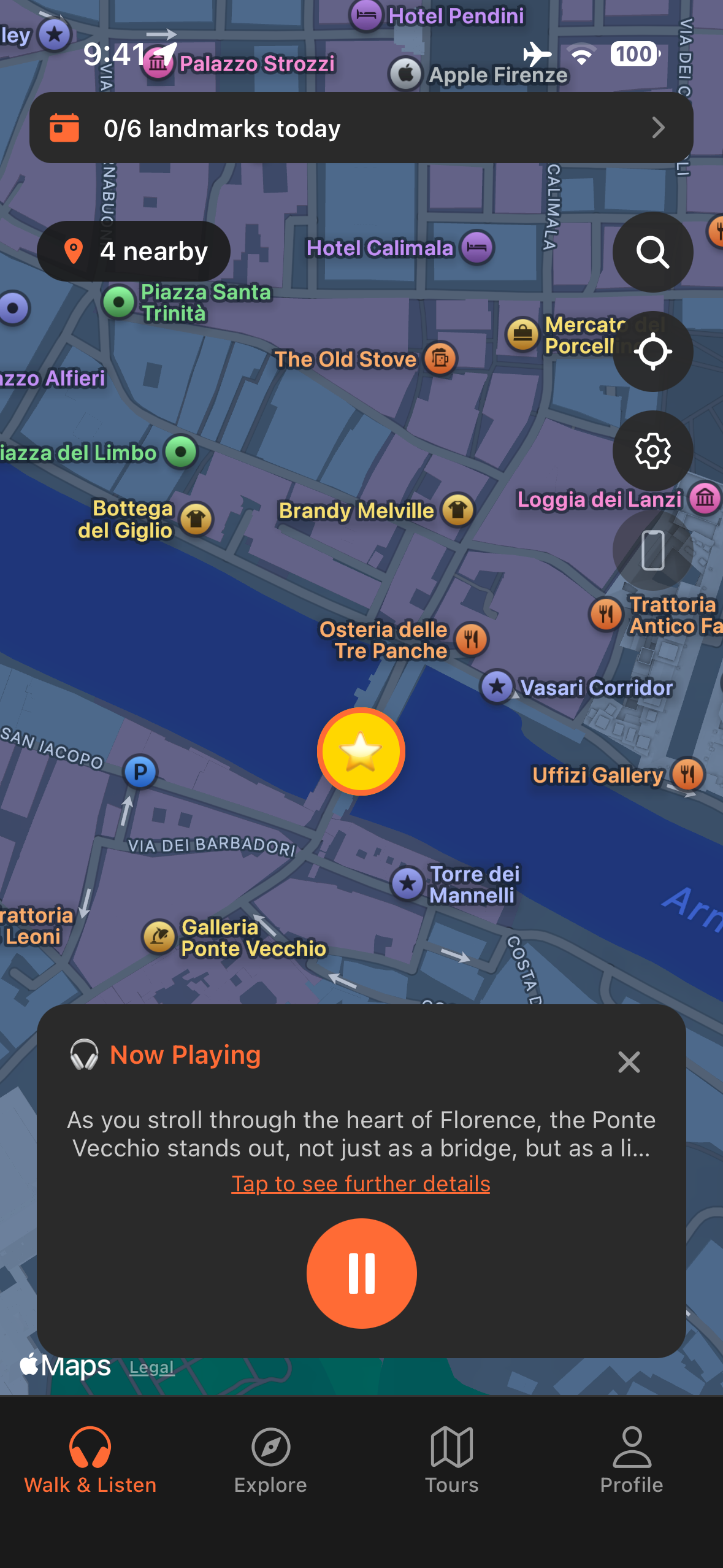 Urban Tales GPS map at Ponte Vecchio in Florence with story automatically triggered