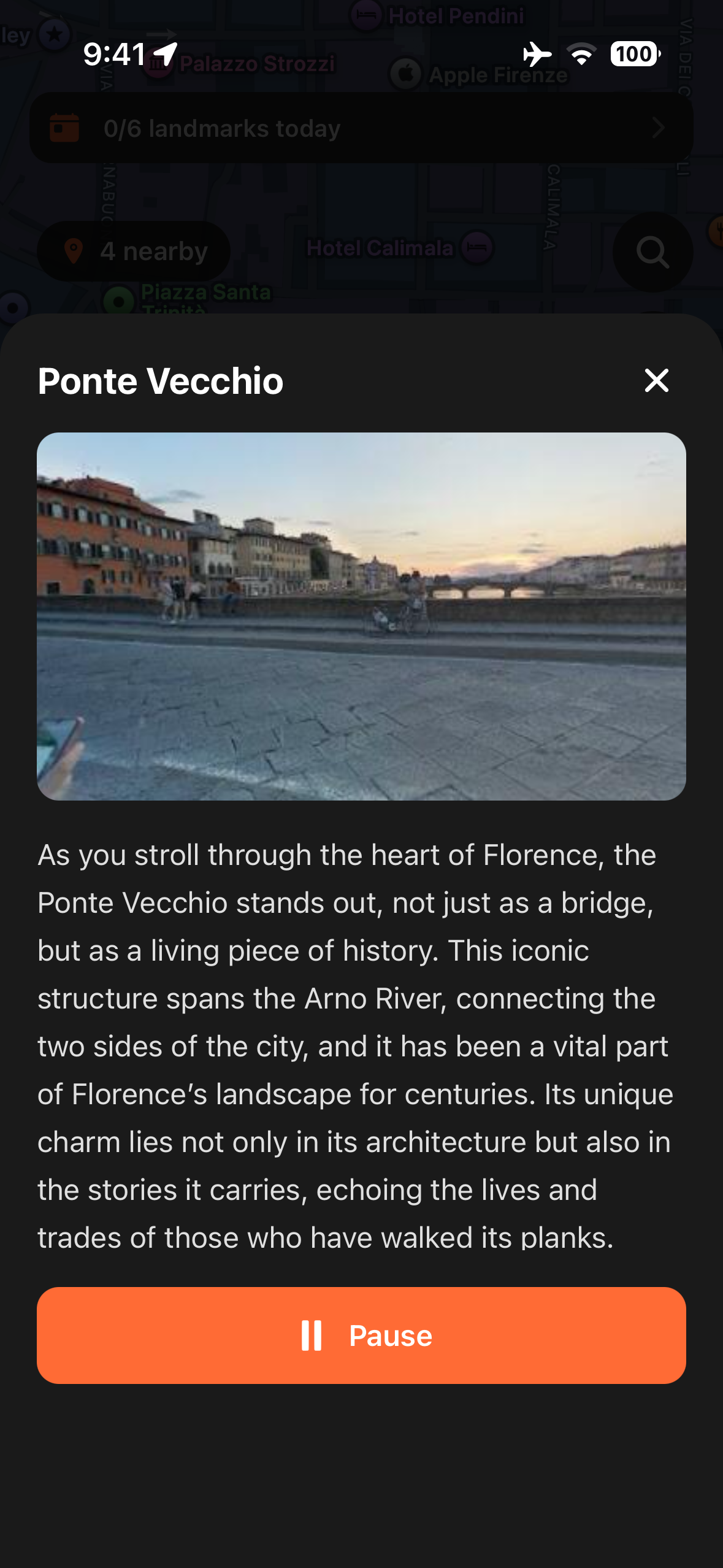 Urban Tales story panel for Ponte Vecchio in Florence with Arno River photo and narration