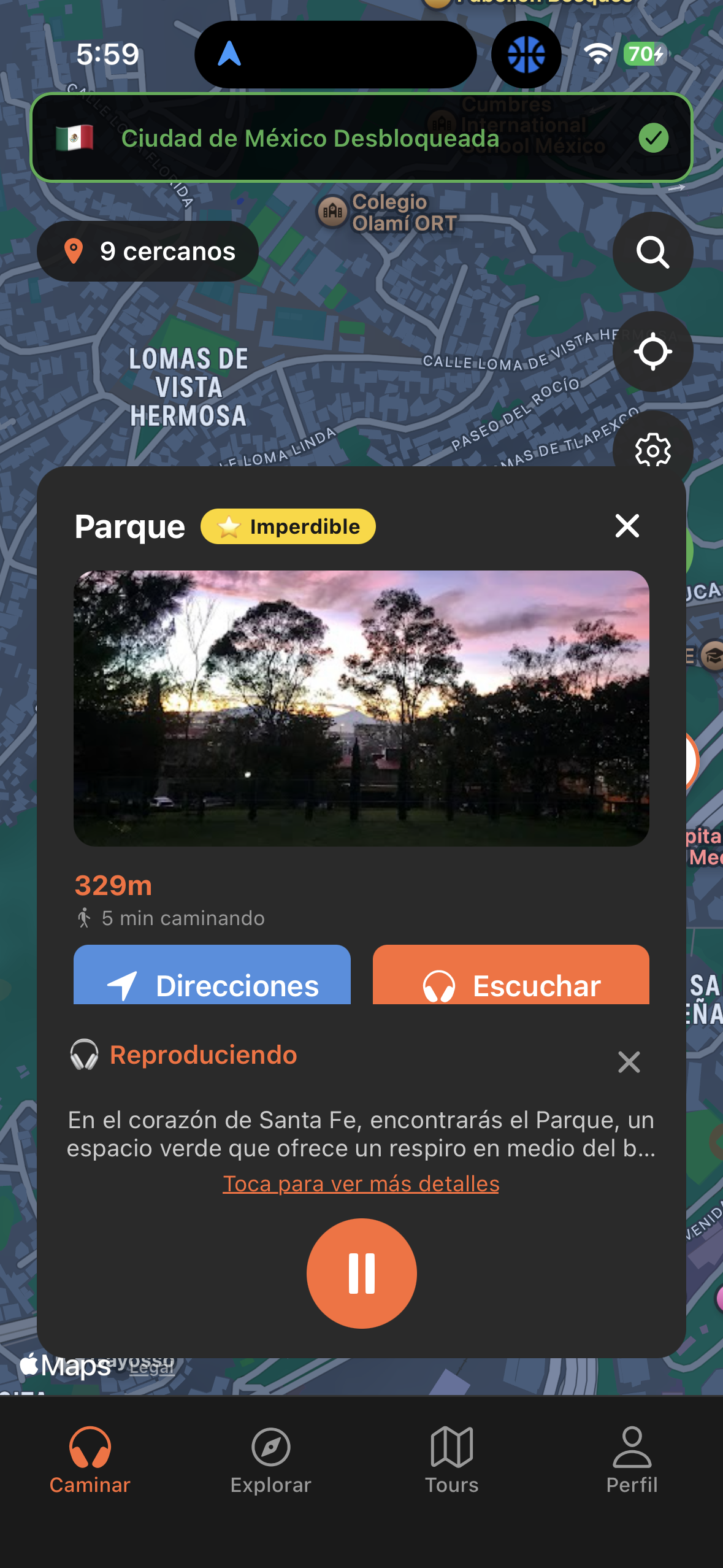 Urban Tales app showing a nearby landmark card with distance and listen button