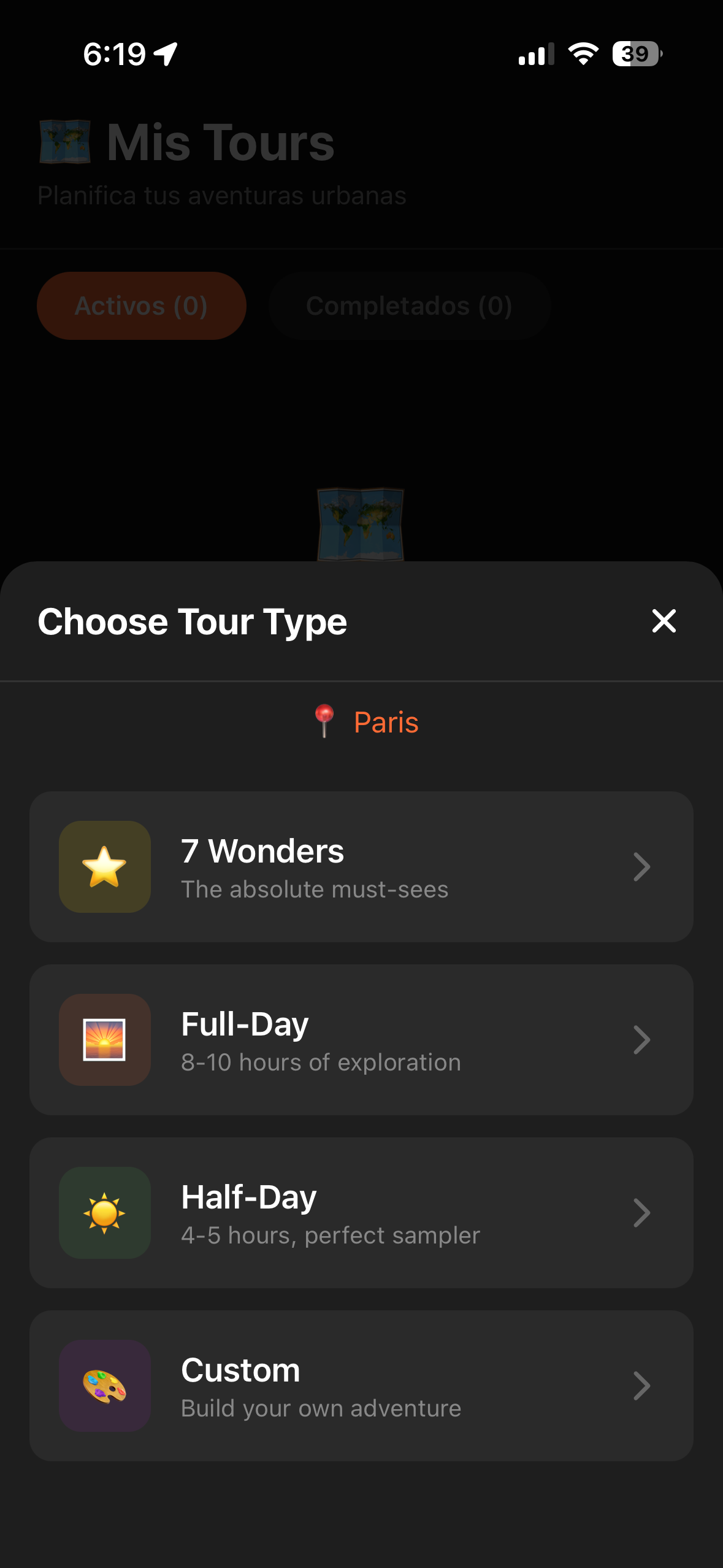 Urban Tales tour generator showing 7 Wonders, Full-Day, Half-Day and Custom tour options