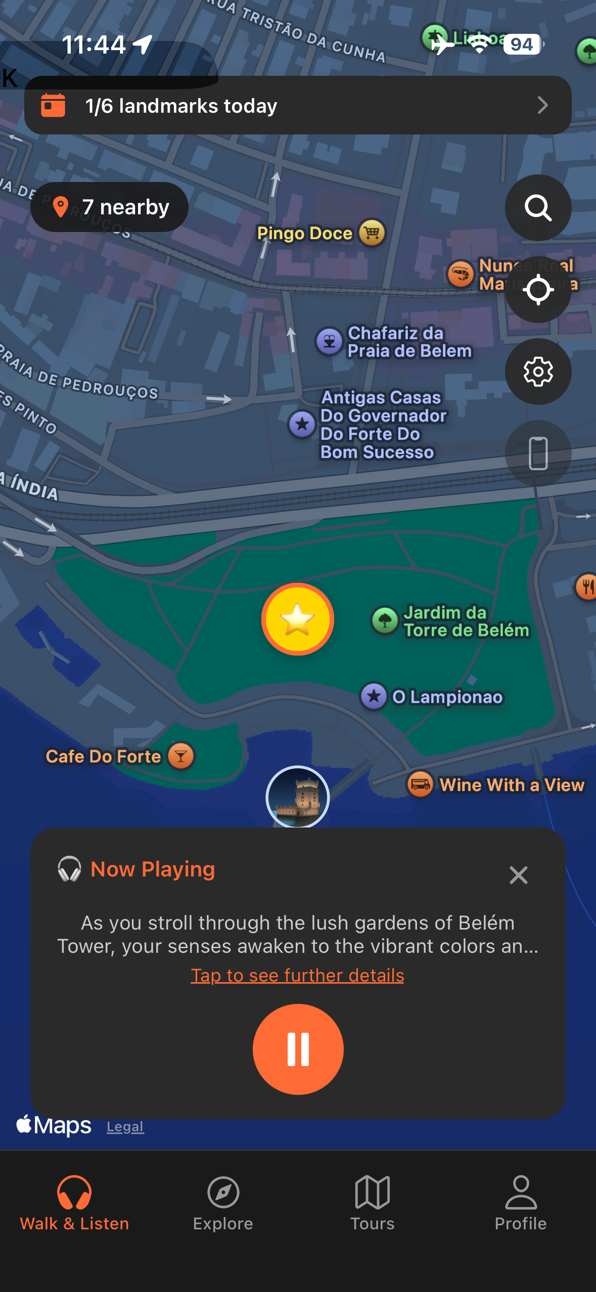 Urban Tales GPS map at Belém Tower in Lisbon with audio story automatically triggered