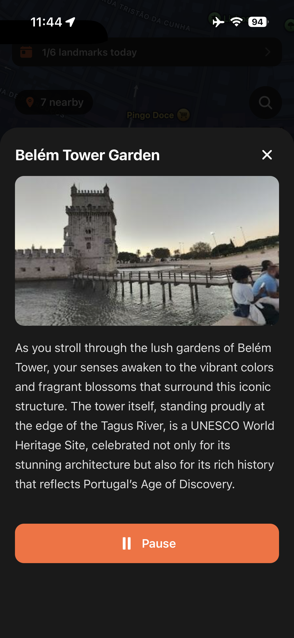 Urban Tales story panel for Belém Tower in Lisbon with photo and narration
