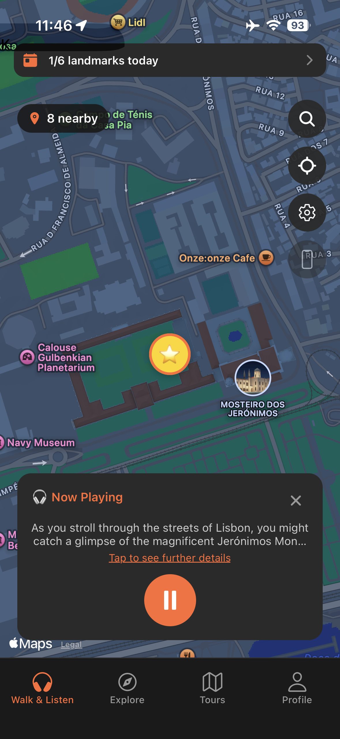 Urban Tales GPS map at Jerónimos Monastery in Lisbon with story triggered