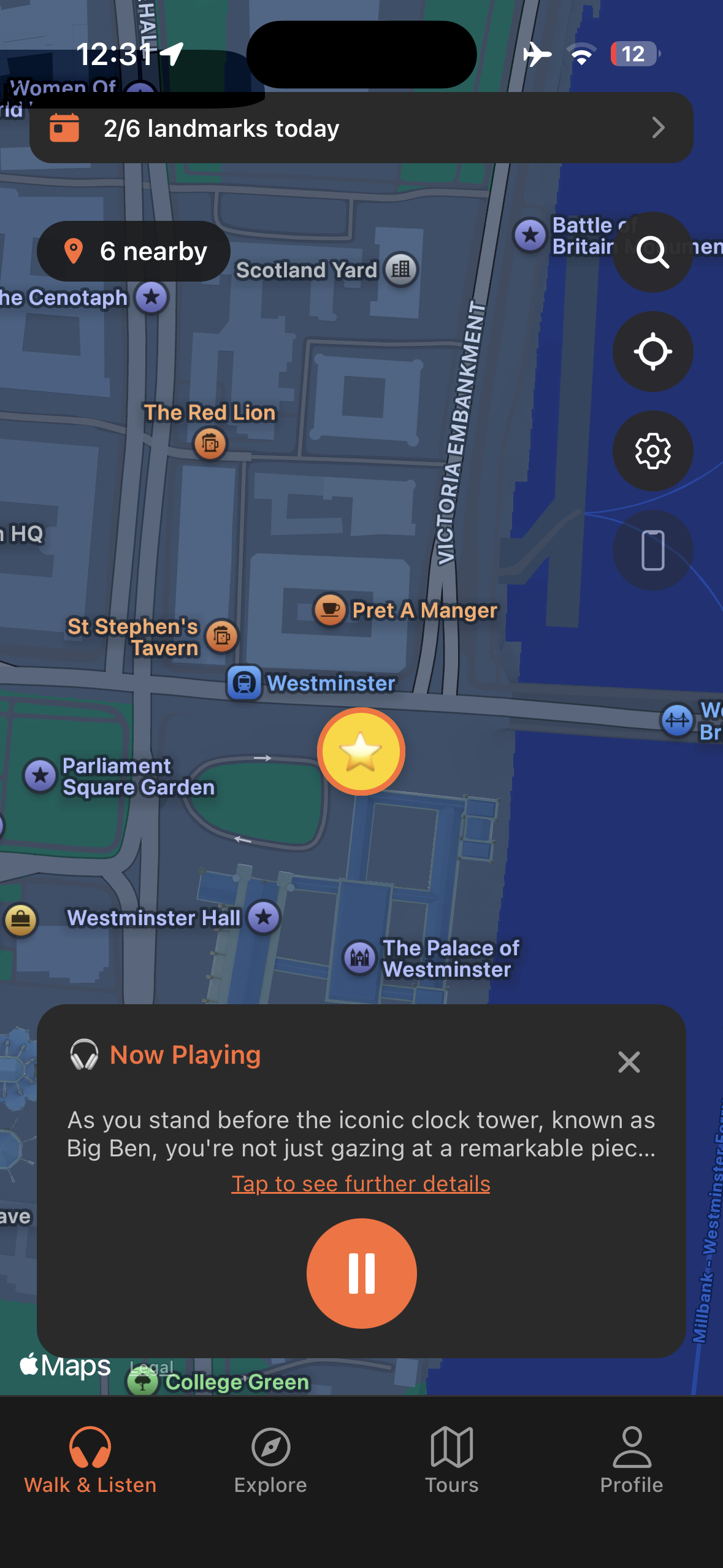 Urban Tales GPS map near Big Ben and Westminster with story automatically triggered
