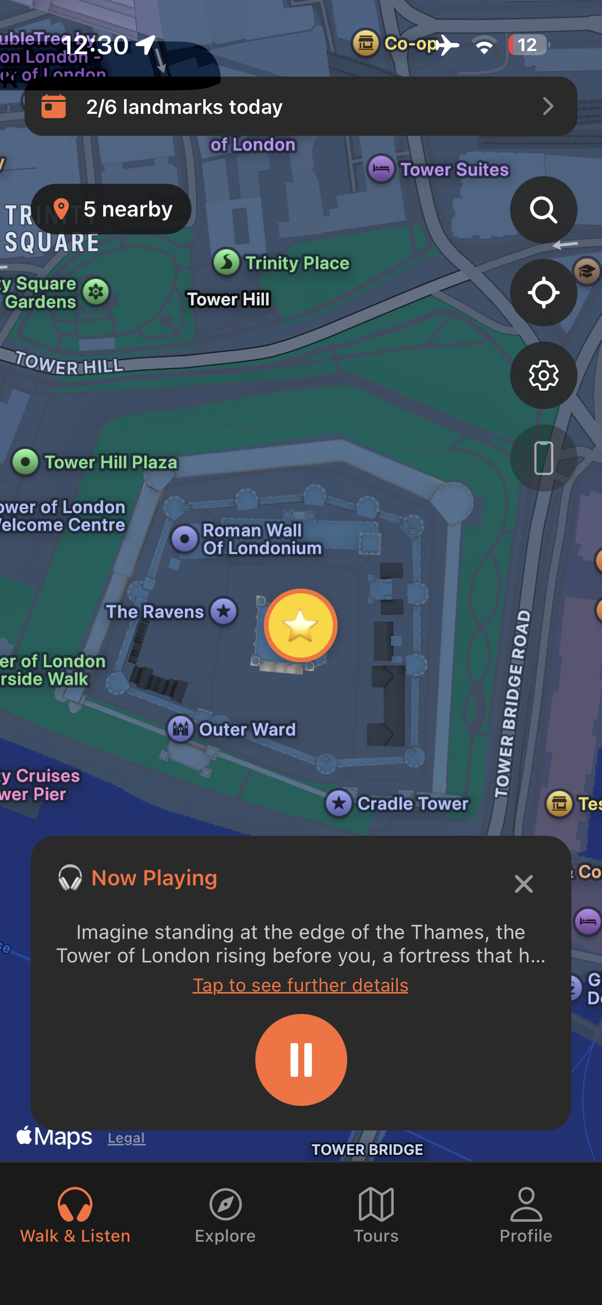 Urban Tales GPS map at the Tower of London with audio story automatically triggered