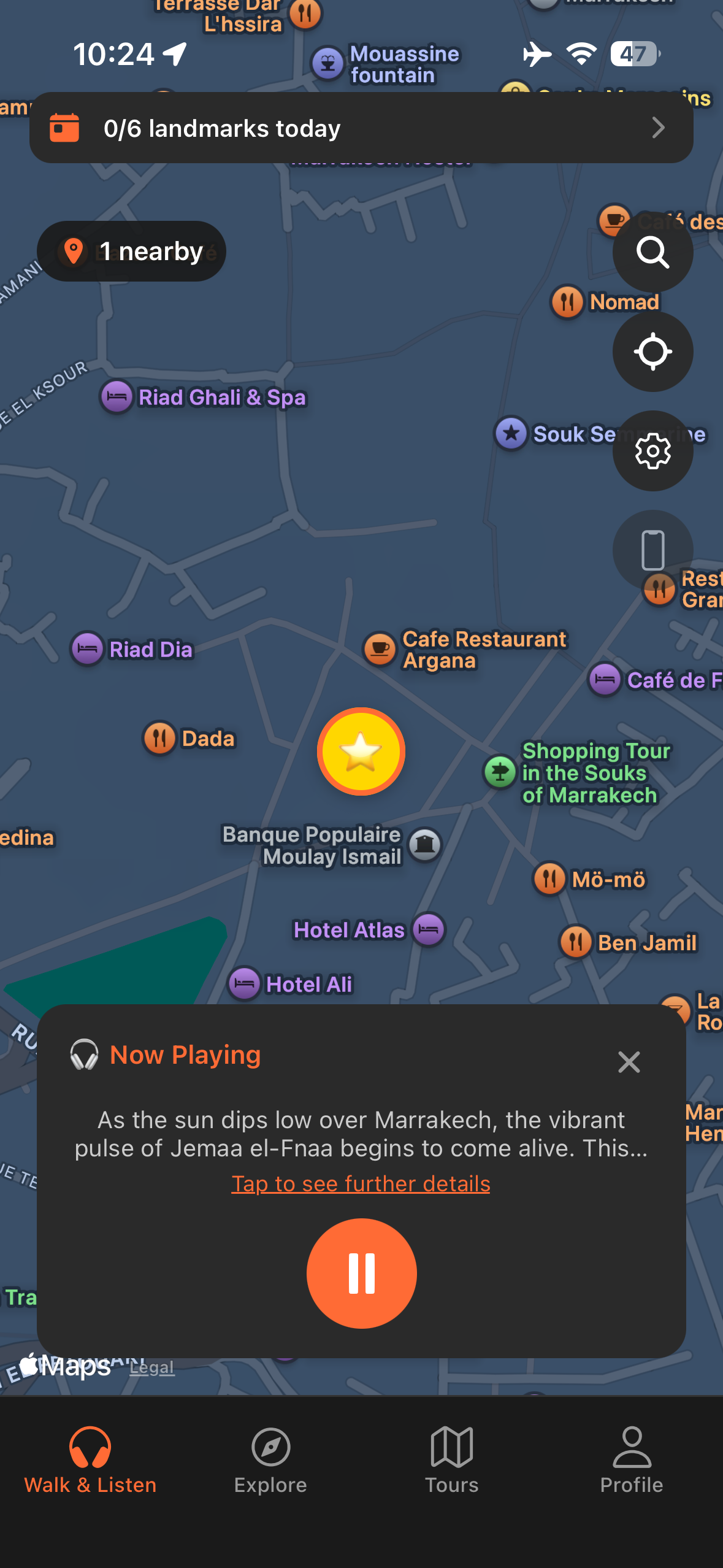 Urban Tales GPS map in Marrakech with audio story automatically triggered
