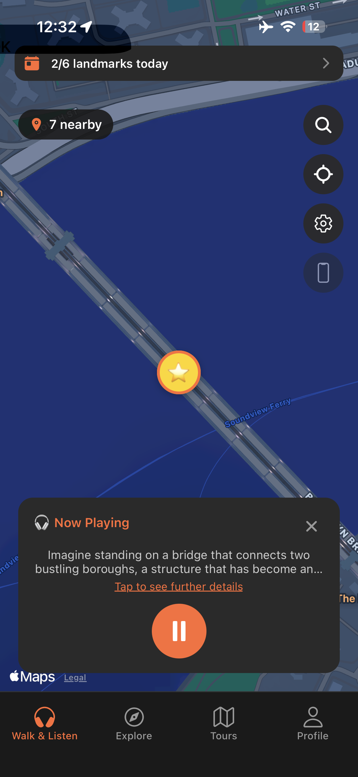 Urban Tales GPS map at the Brooklyn Bridge in New York City with audio story automatically triggered