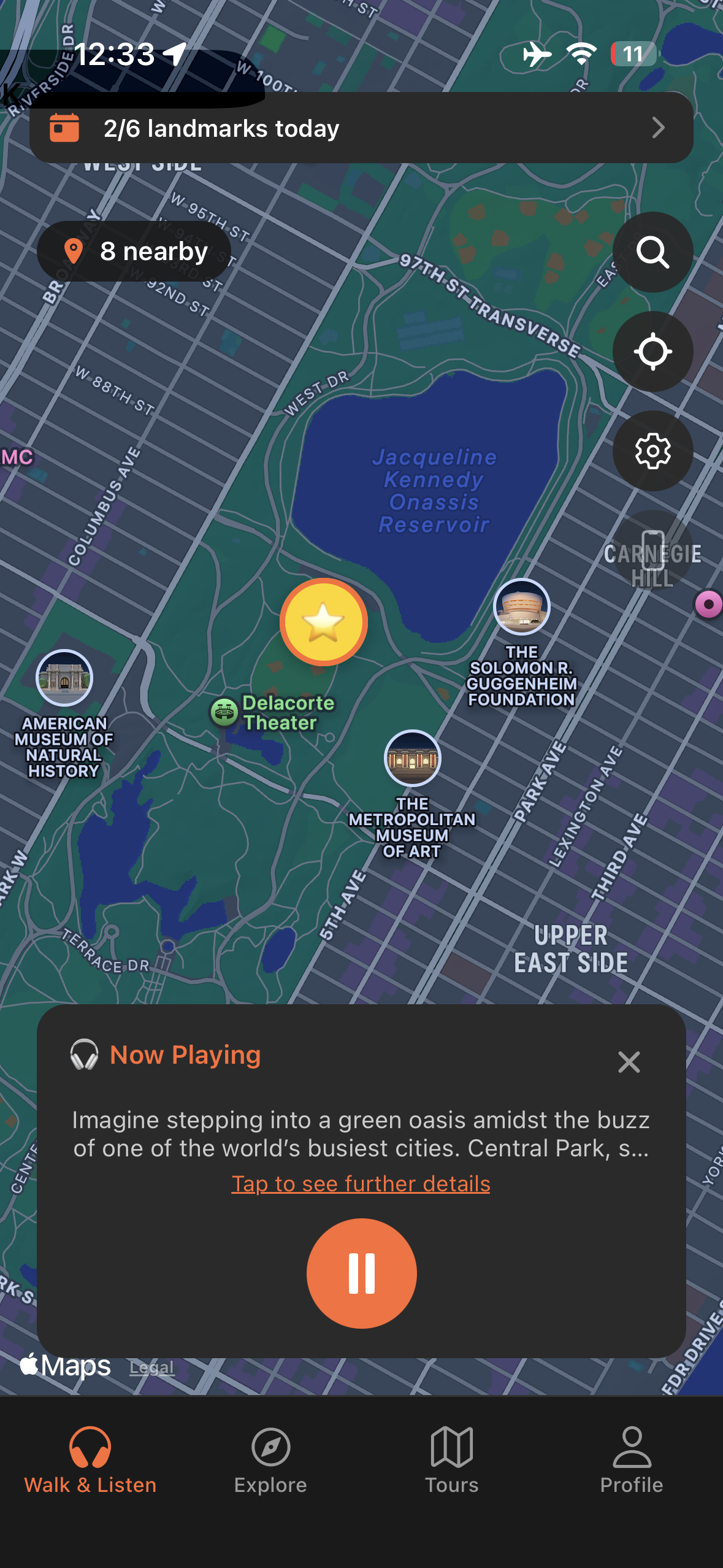 Urban Tales GPS map at Central Park in New York City with story automatically triggered