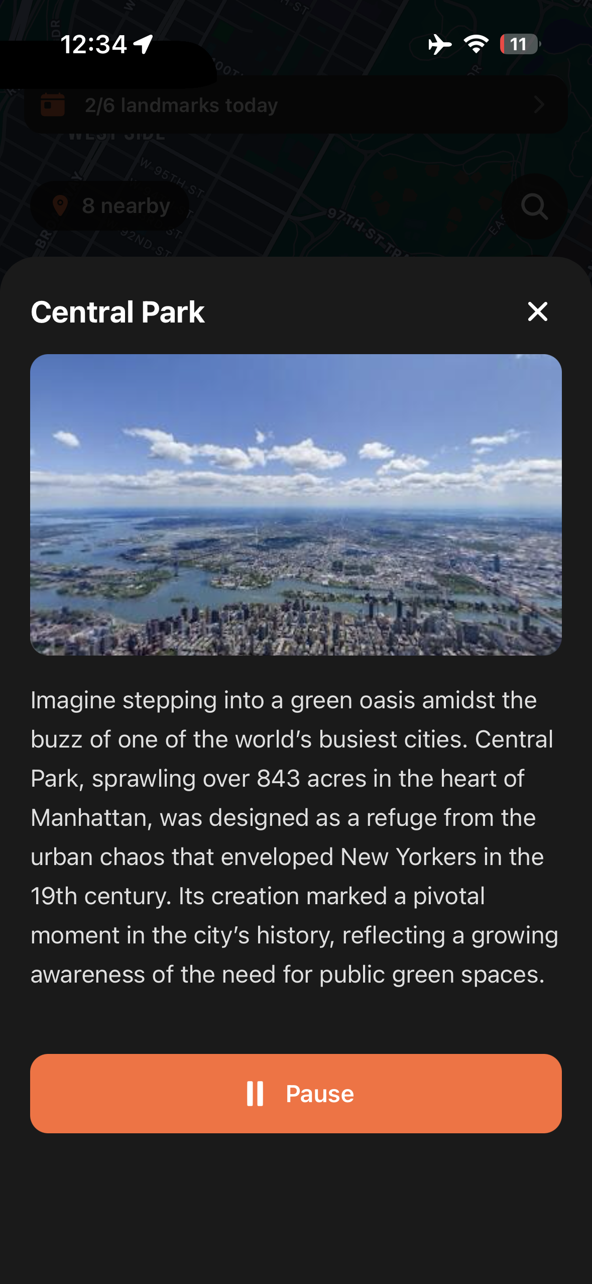 Urban Tales story panel for Central Park with aerial photo and narration text