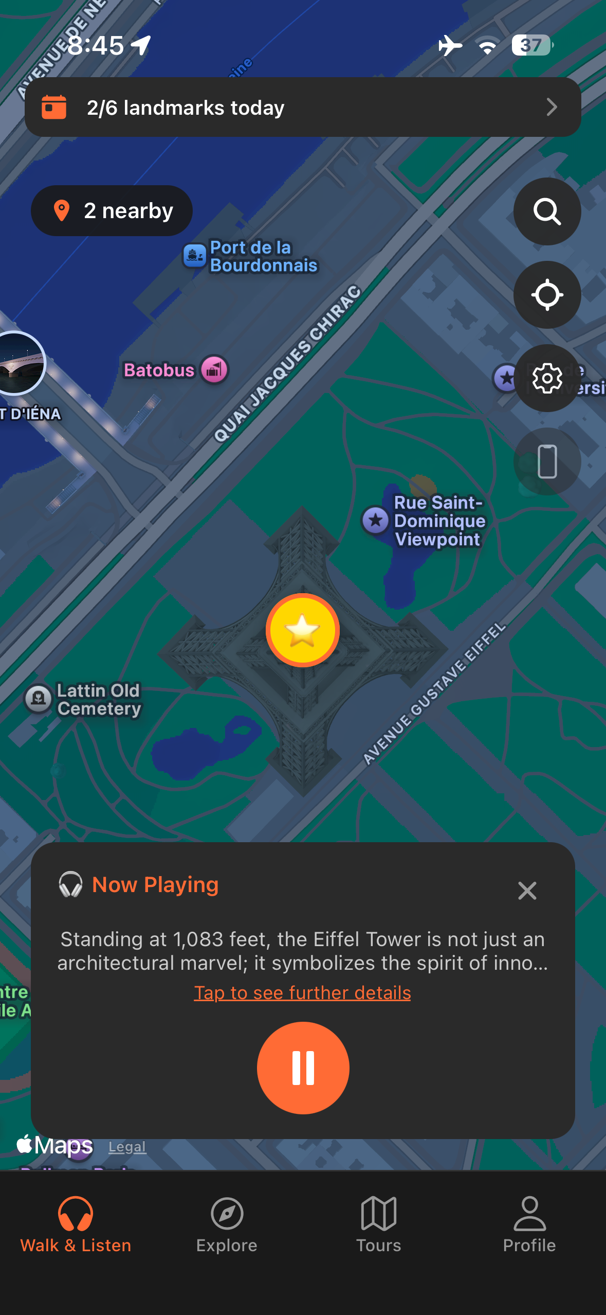 Urban Tales GPS map near the Eiffel Tower in Paris with story automatically triggered