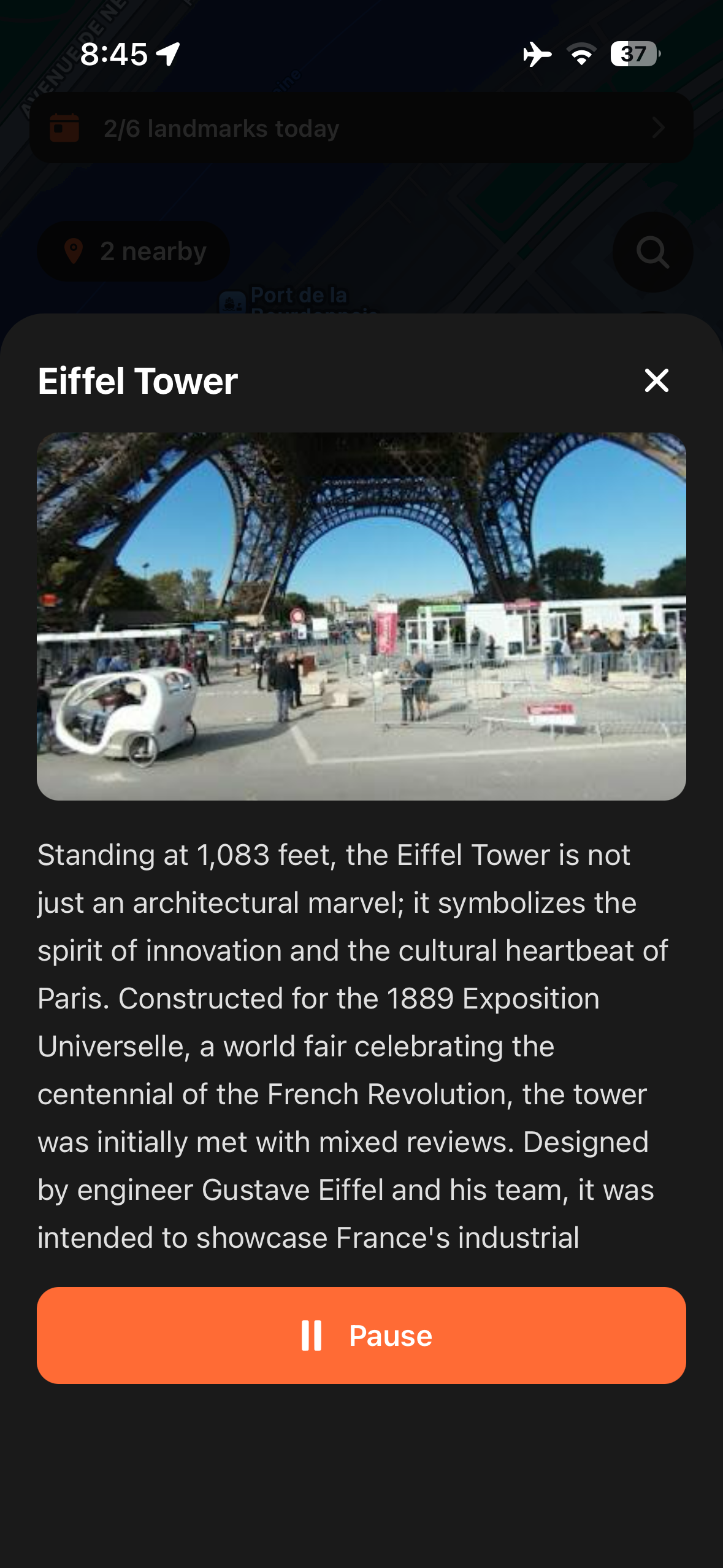Urban Tales story panel for the Eiffel Tower in Paris with photo and narration text