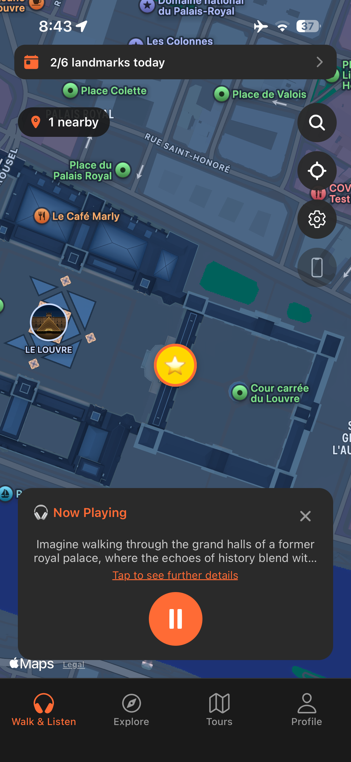 Urban Tales app showing GPS map near the Louvre in Paris with audio story automatically triggered