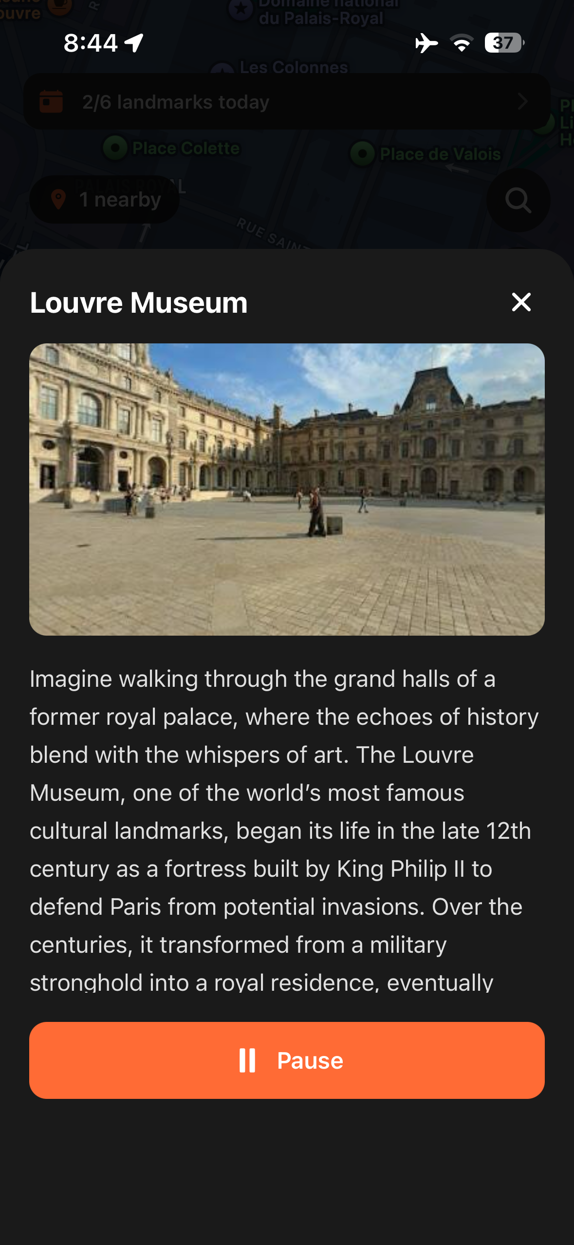 Urban Tales story panel for the Louvre Museum in Paris showing narration text and landmark photo