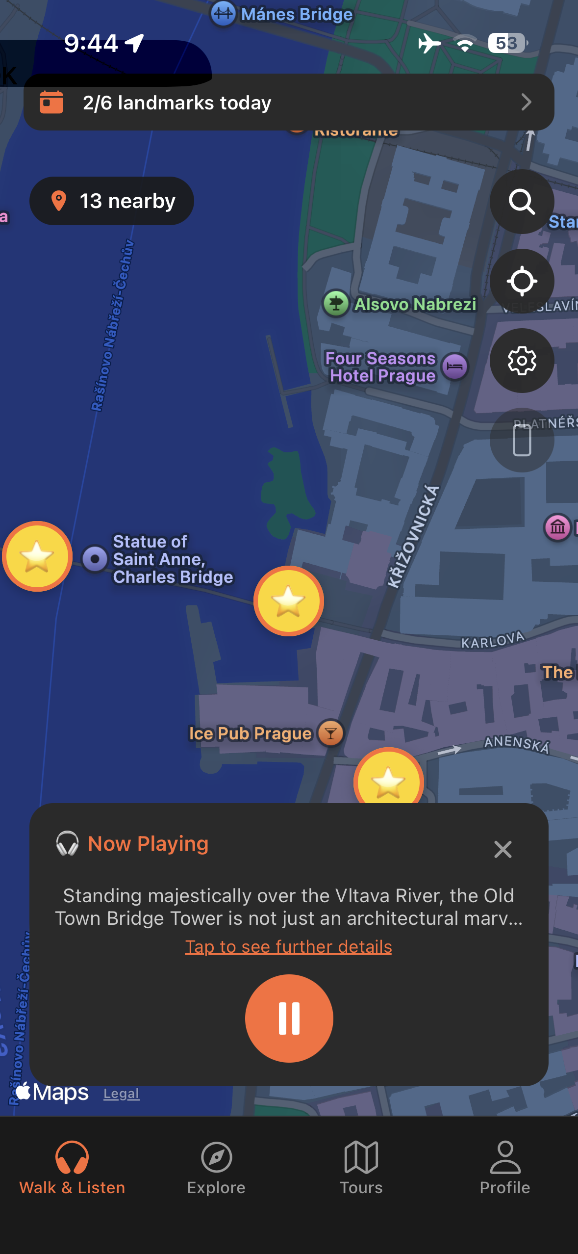 Urban Tales GPS map in Prague with story automatically triggered