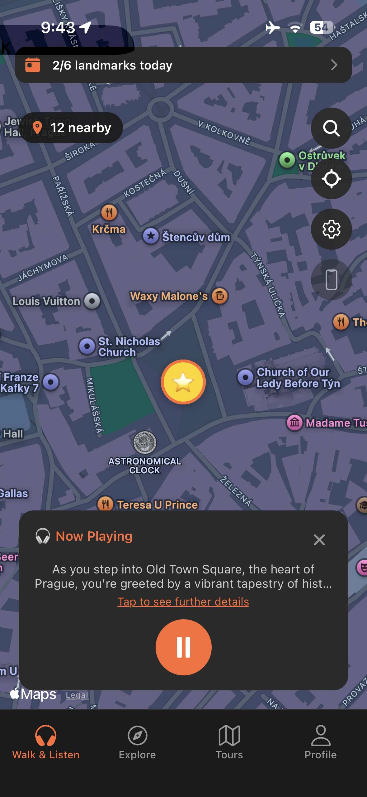 Urban Tales GPS map in Prague with audio story automatically triggered