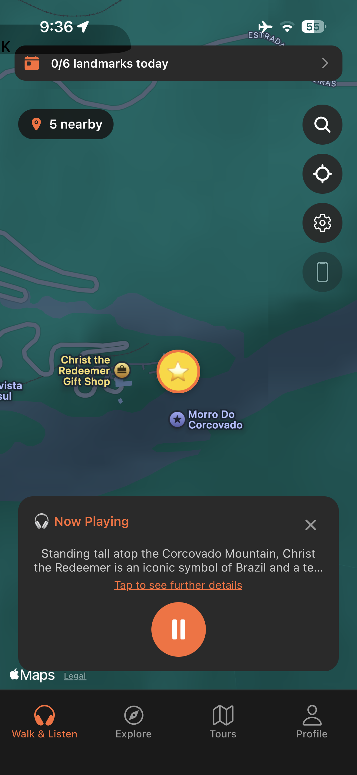 Urban Tales GPS map in Rio de Janeiro with audio story automatically triggered