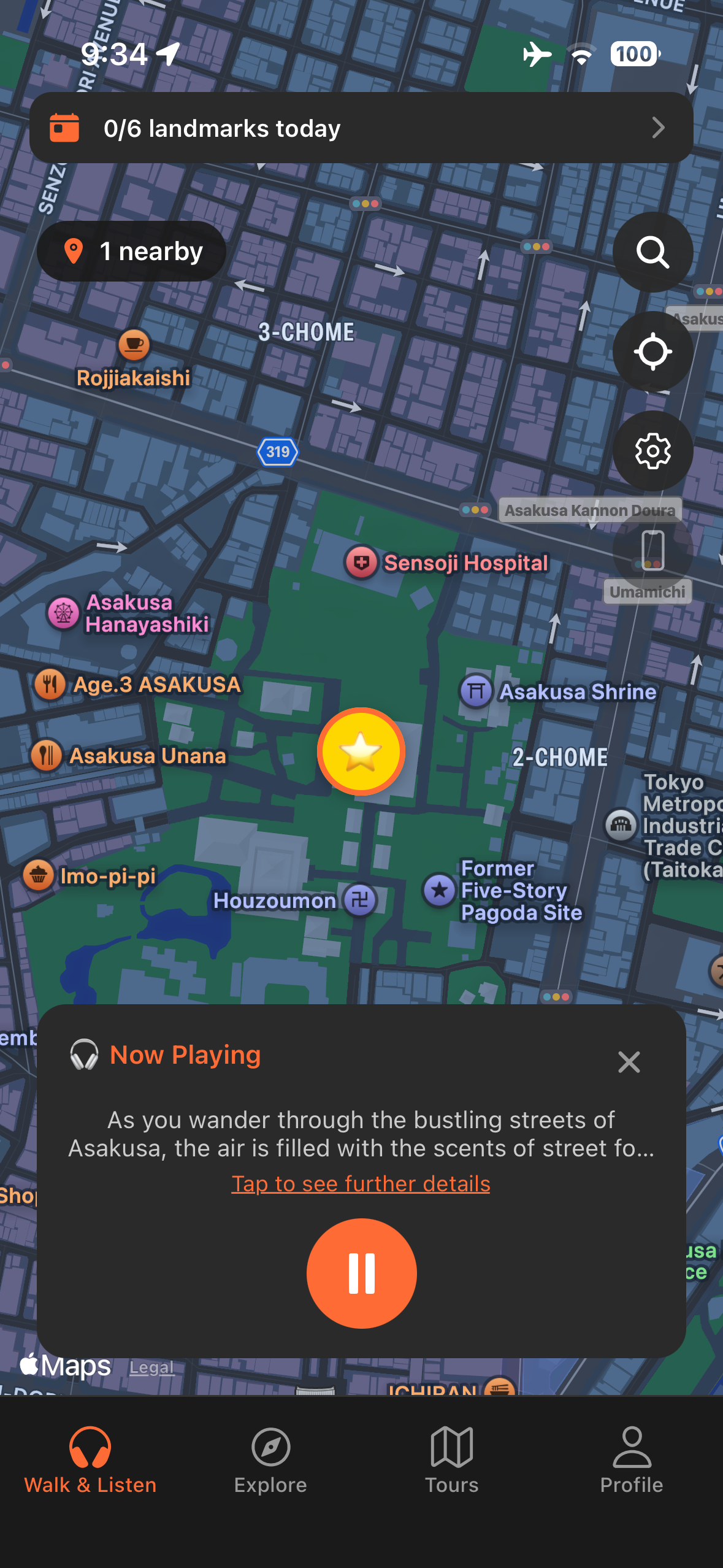 Urban Tales GPS map at Senso-ji temple in Tokyo's Asakusa with audio story automatically triggered