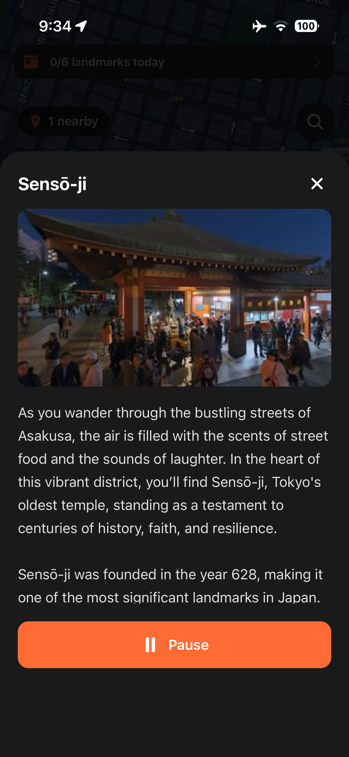 Urban Tales story panel for Senso-ji temple in Tokyo with narration text and photo at night