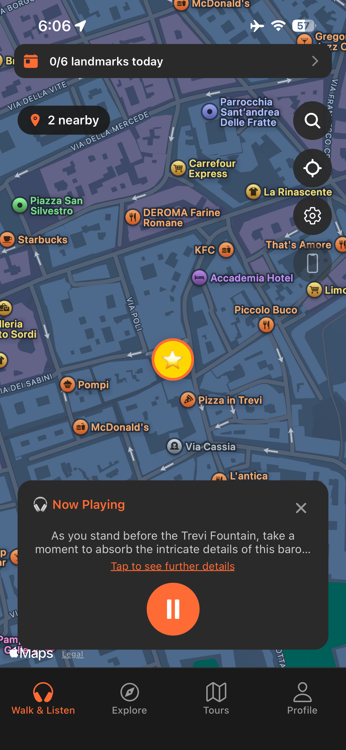 Urban Tales GPS map near the Trevi Fountain with story automatically triggered