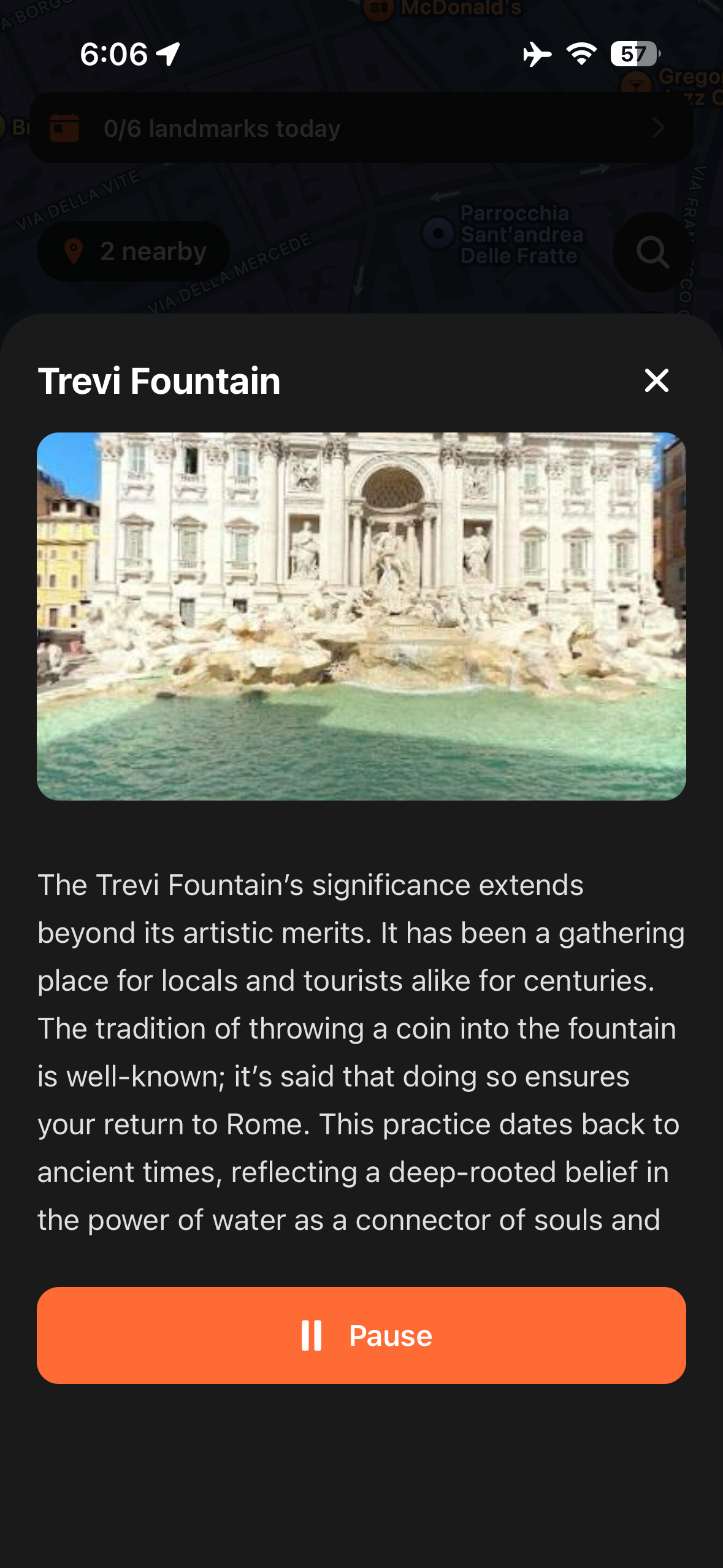 Urban Tales story panel for the Trevi Fountain with photo and narration text