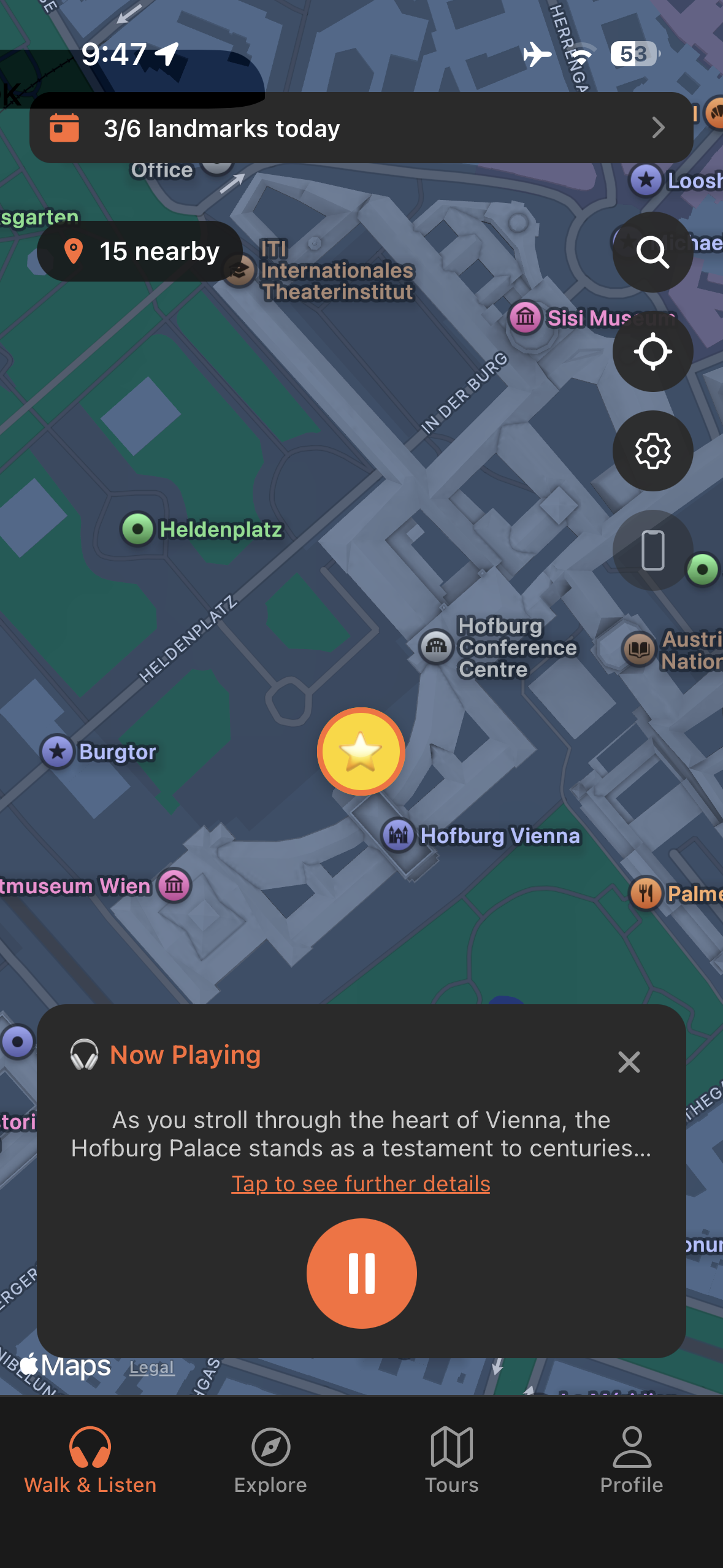 Urban Tales GPS map in Vienna with story automatically triggered