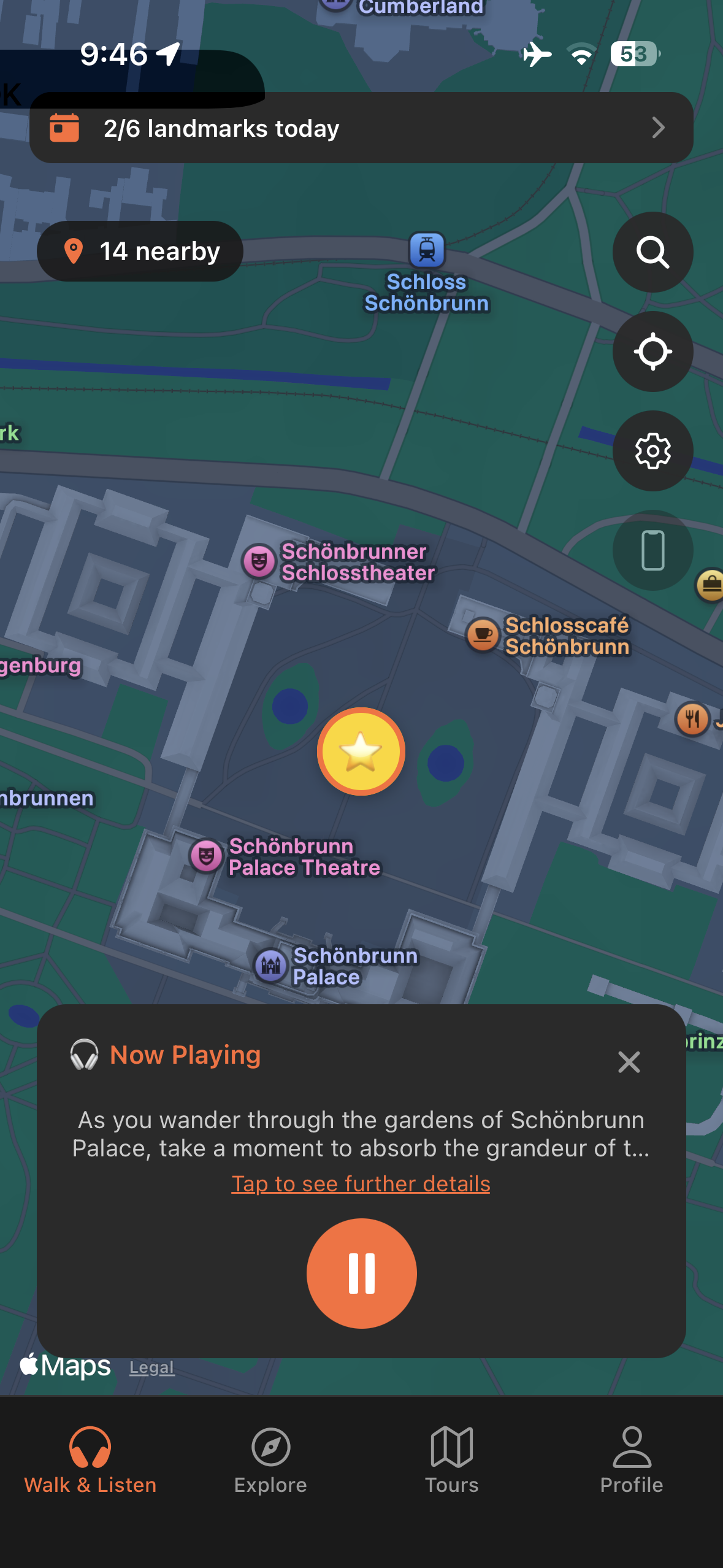 Urban Tales GPS map in Vienna with audio story automatically triggered